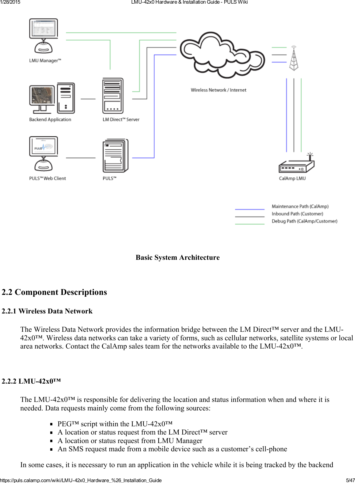 1/28/2015 LMU42x0Hardware&amp;InstallationGuidePULSWikihttps://puls.calamp.com/wiki/LMU42x0_Hardware_%26_Installation_Guide 5/47BasicSystemArchitecture2.2ComponentDescriptions2.2.1WirelessDataNetworkTheWirelessDataNetworkprovidestheinformationbridgebetweentheLMDirect™serverandtheLMU42x0™.Wirelessdatanetworkscantakeavarietyofforms,suchascellularnetworks,satellitesystemsorlocalareanetworks.ContacttheCalAmpsalesteamforthenetworksavailabletotheLMU42x0™.2.2.2LMU42x0™TheLMU42x0™isresponsiblefordeliveringthelocationandstatusinformationwhenandwhereitisneeded.Datarequestsmainlycomefromthefollowingsources:PEG™scriptwithintheLMU42x0™AlocationorstatusrequestfromtheLMDirect™serverAlocationorstatusrequestfromLMUManagerAnSMSrequestmadefromamobiledevicesuchasacustomer’scellphoneInsomecases,itisnecessarytorunanapplicationinthevehiclewhileitisbeingtrackedbythebackend