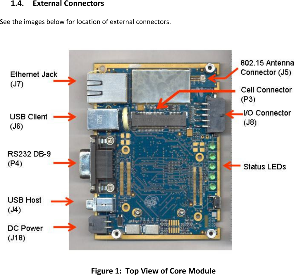   1.4. External Connectors  See the images below for location of external connectors.     Figure 1:  Top View of Core Module  