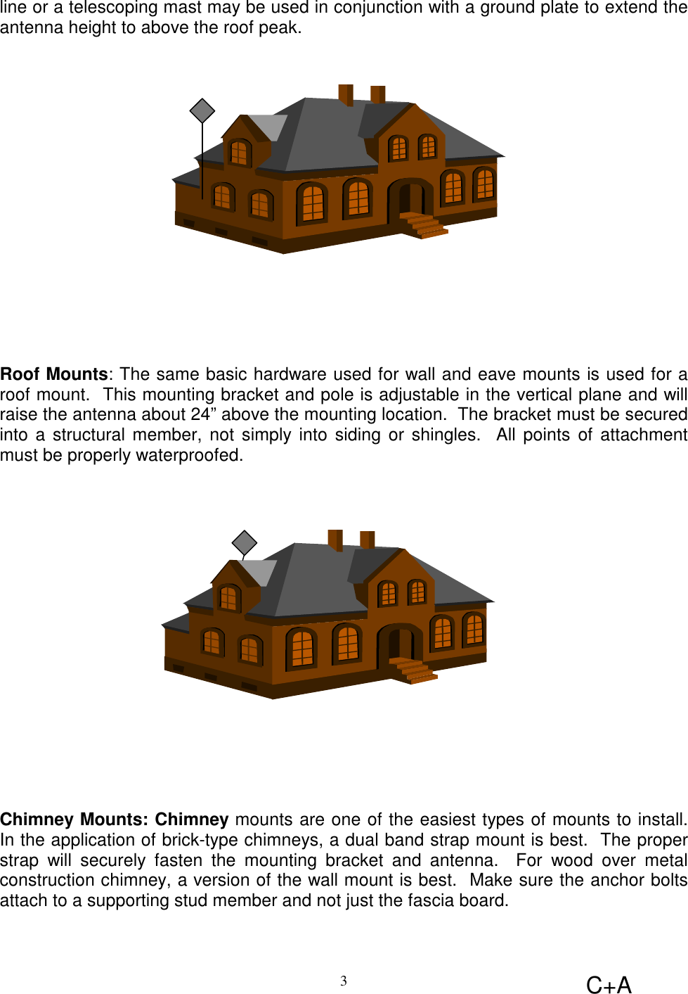 C+A3line or a telescoping mast may be used in conjunction with a ground plate to extend theantenna height to above the roof peak.Roof Mounts: The same basic hardware used for wall and eave mounts is used for aroof mount.  This mounting bracket and pole is adjustable in the vertical plane and willraise the antenna about 24” above the mounting location.  The bracket must be securedinto a structural member, not simply into siding or shingles.  All points of attachmentmust be properly waterproofed.Chimney Mounts: Chimney mounts are one of the easiest types of mounts to install.In the application of brick-type chimneys, a dual band strap mount is best.  The properstrap will securely fasten the mounting bracket and antenna.  For wood over metalconstruction chimney, a version of the wall mount is best.  Make sure the anchor boltsattach to a supporting stud member and not just the fascia board.