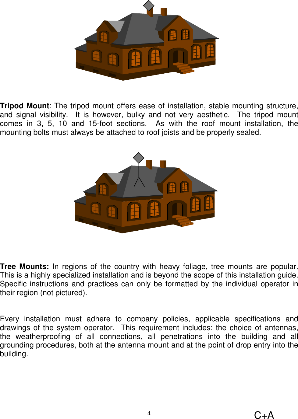 C+A4Tripod Mount: The tripod mount offers ease of installation, stable mounting structure,and signal visibility.  It is however, bulky and not very aesthetic.  The tripod mountcomes in 3, 5, 10 and 15-foot sections.  As with the roof mount installation, themounting bolts must always be attached to roof joists and be properly sealed.Tree Mounts: In regions of the country with heavy foliage, tree mounts are popular.This is a highly specialized installation and is beyond the scope of this installation guide.Specific instructions and practices can only be formatted by the individual operator intheir region (not pictured).Every installation must adhere to company policies, applicable specifications anddrawings of the system operator.  This requirement includes: the choice of antennas,the weatherproofing of all connections, all penetrations into the building and allgrounding procedures, both at the antenna mount and at the point of drop entry into thebuilding.