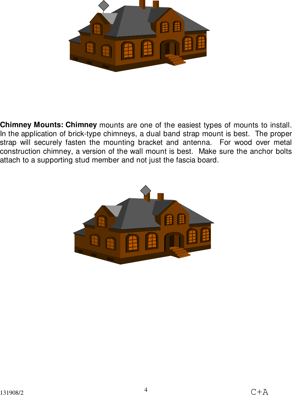 131908/2 C+A4Chimney Mounts: Chimney mounts are one of the easiest types of mounts to install.In the application of brick-type chimneys, a dual band strap mount is best.  The properstrap will securely fasten the mounting bracket and antenna.  For wood over metalconstruction chimney, a version of the wall mount is best.  Make sure the anchor boltsattach to a supporting stud member and not just the fascia board.