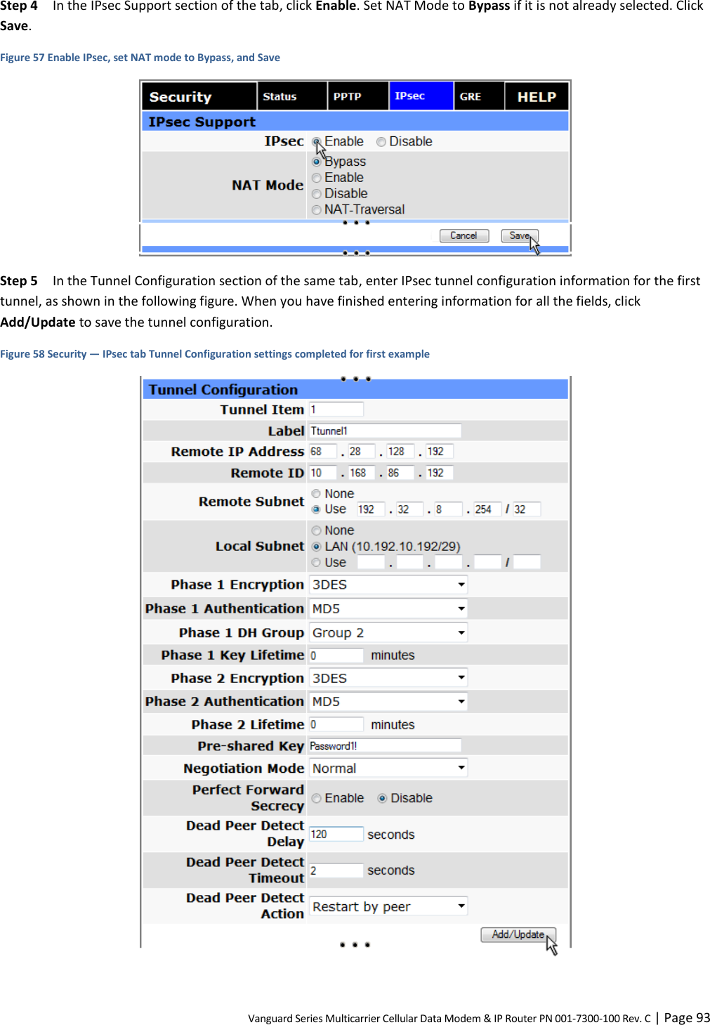 Vanguard Series Multicarrier Cellular Data Modem &amp; IP Router PN 001-7300-100 Rev. C | Page 93 Step 4  In the IPsec Support section of the tab, click Enable. Set NAT Mode to Bypass if it is not already selected. Click Save. Figure 57 Enable IPsec, set NAT mode to Bypass, and Save  Step 5  In the Tunnel Configuration section of the same tab, enter IPsec tunnel configuration information for the first tunnel, as shown in the following figure. When you have finished entering information for all the fields, click Add/Update to save the tunnel configuration. Figure 58 Security — IPsec tab Tunnel Configuration settings completed for first example  