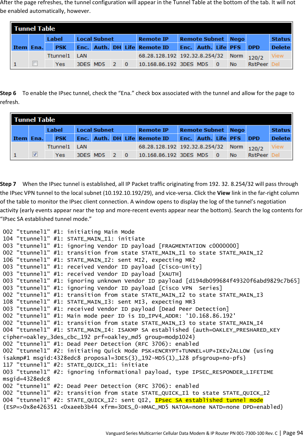 Vanguard Series Multicarrier Cellular Data Modem &amp; IP Router PN 001-7300-100 Rev. C | Page 94 After the page refreshes, the tunnel configuration will appear in the Tunnel Table at the bottom of the tab. It will not be enabled automatically, however.   Step 6  To enable the IPsec tunnel, check the “Ena.” check box associated with the tunnel and allow for the page to refresh.   Step 7  When the IPsec tunnel is established, all IP Packet traffic originating from 192. 32. 8.254/32 will pass through the IPsec VPN tunnel to the local subnet (10.192.10.192/29), and vice-versa. Click the View link in the far-right column of the table to monitor the IPsec client connection. A window opens to display the log of the tunnel’s negotiation activity (early events appear near the top and more-recent events appear near the bottom). Search the log contents for “IPsec SA established tunnel mode.” 002 &quot;ttunnel1&quot; #1: initiating Main Mode 104 &quot;ttunnel1&quot; #1: STATE_MAIN_I1: initiate 003 &quot;ttunnel1&quot; #1: ignoring Vendor ID payload [FRAGMENTATION c0000000] 002 &quot;ttunnel1&quot; #1: transition from state STATE_MAIN_I1 to state STATE_MAIN_I2 106 &quot;ttunnel1&quot; #1: STATE_MAIN_I2: sent MI2, expecting MR2 003 &quot;ttunnel1&quot; #1: received Vendor ID payload [Cisco-Unity] 003 &quot;ttunnel1&quot; #1: received Vendor ID payload [XAUTH] 003 &quot;ttunnel1&quot; #1: ignoring unknown Vendor ID payload [d194db099684f49320f6abd9829c7b65] 003 &quot;ttunnel1&quot; #1: ignoring Vendor ID payload [Cisco VPN  Series] 002 &quot;ttunnel1&quot; #1: transition from state STATE_MAIN_I2 to state STATE_MAIN_I3 108 &quot;ttunnel1&quot; #1: STATE_MAIN_I3: sent MI3, expecting MR3 003 &quot;ttunnel1&quot; #1: received Vendor ID payload [Dead Peer Detection] 002 &quot;ttunnel1&quot; #1: Main mode peer ID is ID_IPV4_ADDR: &apos;10.168.86.192&apos; 002 &quot;ttunnel1&quot; #1: transition from state STATE_MAIN_I3 to state STATE_MAIN_I4 004 &quot;ttunnel1&quot; #1: STATE_MAIN_I4: ISAKMP SA established {auth=OAKLEY_PRESHARED_KEY cipher=oakley_3des_cbc_192 prf=oakley_md5 group=modp1024} 002 &quot;ttunnel1&quot; #1: Dead Peer Detection (RFC 3706): enabled 002 &quot;ttunnel1&quot; #2: initiating Quick Mode PSK+ENCRYPT+TUNNEL+UP+IKEv2ALLOW {using isakmp#1 msgid:4328edc8 proposal=3DES(3)_192-MD5(1)_128 pfsgroup=no-pfs} 117 &quot;ttunnel1&quot; #2: STATE_QUICK_I1: initiate 003 &quot;ttunnel1&quot; #2: ignoring informational payload, type IPSEC_RESPONDER_LIFETIME msgid=4328edc8 002 &quot;ttunnel1&quot; #2: Dead Peer Detection (RFC 3706): enabled 002 &quot;ttunnel1&quot; #2: transition from state STATE_QUICK_I1 to state STATE_QUICK_I2 004 &quot;ttunnel1&quot; #2: STATE_QUICK_I2: sent QI2, IPsec SA established tunnel mode {ESP=&gt;0x8e426351 &lt;0xaeeb3b44 xfrm=3DES_0-HMAC_MD5 NATOA=none NATD=none DPD=enabled} 