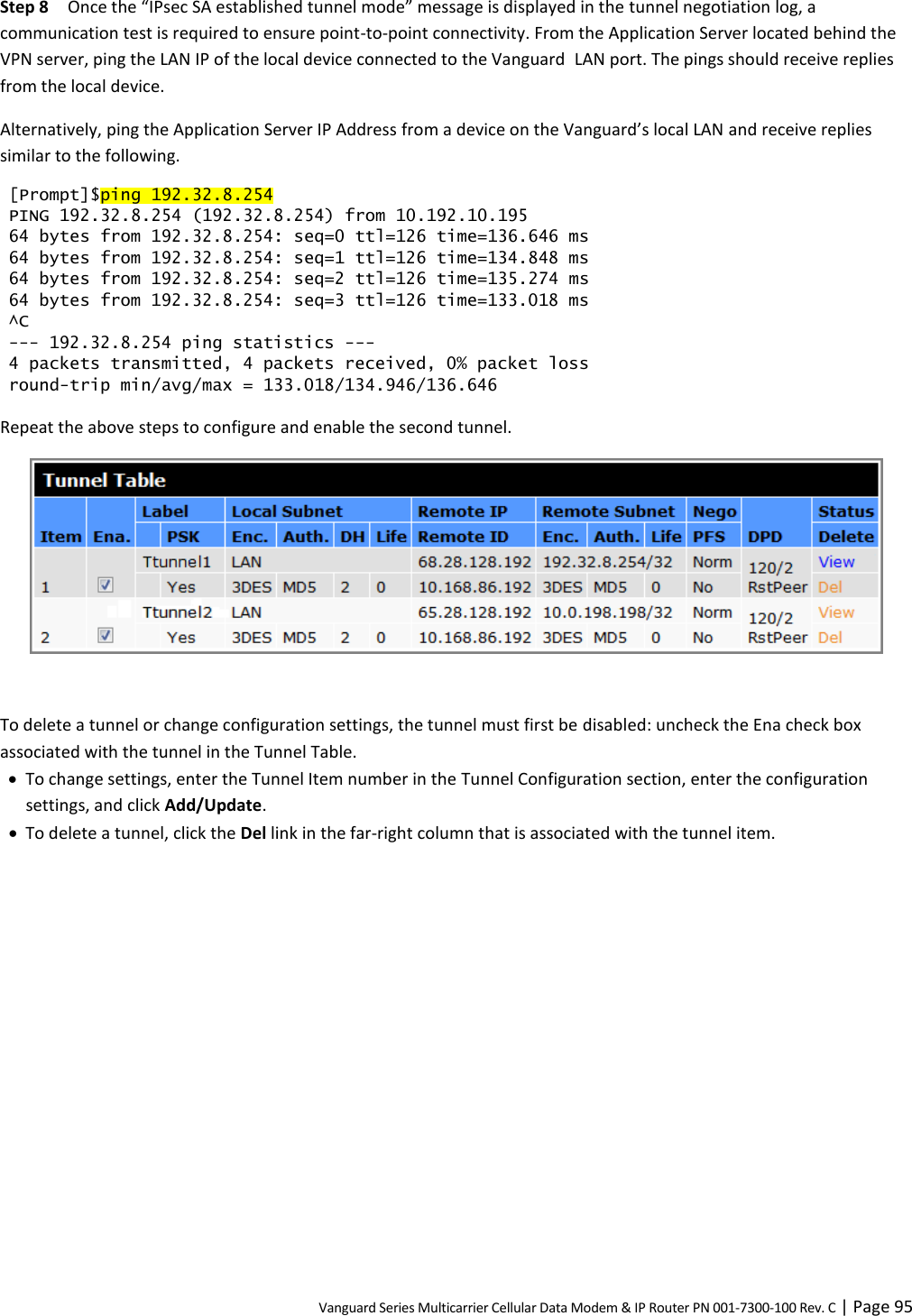 Vanguard Series Multicarrier Cellular Data Modem &amp; IP Router PN 001-7300-100 Rev. C | Page 95 Step 8 Once the “IPsec SA established tunnel mode” message is displayed in the tunnel negotiation log, a communication test is required to ensure point-to-point connectivity. From the Application Server located behind the VPN server, ping the LAN IP of the local device connected to the Vanguard  LAN port. The pings should receive replies from the local device. Alternatively, ping the Application Server IP Address from a device on the Vanguard’s local LAN and receive replies similar to the following. [Prompt]$ping 192.32.8.254 PING 192.32.8.254 (192.32.8.254) from 10.192.10.195  64 bytes from 192.32.8.254: seq=0 ttl=126 time=136.646 ms 64 bytes from 192.32.8.254: seq=1 ttl=126 time=134.848 ms 64 bytes from 192.32.8.254: seq=2 ttl=126 time=135.274 ms 64 bytes from 192.32.8.254: seq=3 ttl=126 time=133.018 ms ^C --- 192.32.8.254 ping statistics --- 4 packets transmitted, 4 packets received, 0% packet loss round-trip min/avg/max = 133.018/134.946/136.646 Repeat the above steps to configure and enable the second tunnel.   To delete a tunnel or change configuration settings, the tunnel must first be disabled: uncheck the Ena check box associated with the tunnel in the Tunnel Table.  To change settings, enter the Tunnel Item number in the Tunnel Configuration section, enter the configuration settings, and click Add/Update.  To delete a tunnel, click the Del link in the far-right column that is associated with the tunnel item.  