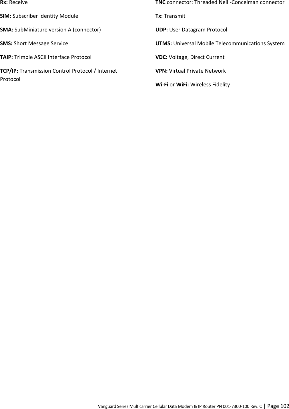 Vanguard Series Multicarrier Cellular Data Modem &amp; IP Router PN 001-7300-100 Rev. C | Page 102 Rx: Receive SIM: Subscriber Identity Module SMA: SubMiniature version A (connector) SMS: Short Message Service TAIP: Trimble ASCII Interface Protocol TCP/IP: Transmission Control Protocol / Internet Protocol TNC connector: Threaded Neill-Concelman connector Tx: Transmit UDP: User Datagram Protocol UTMS: Universal Mobile Telecommunications System VDC: Voltage, Direct Current VPN: Virtual Private Network Wi-Fi or WiFi: Wireless Fidelity