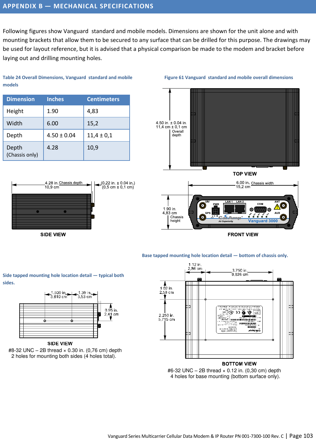 Vanguard Series Multicarrier Cellular Data Modem &amp; IP Router PN 001-7300-100 Rev. C | Page 103 APPENDIX B — MECHANICAL SPECIFICATIONS  Following figures show Vanguard  standard and mobile models. Dimensions are shown for the unit alone and with mounting brackets that allow them to be secured to any surface that can be drilled for this purpose. The drawings may be used for layout reference, but it is advised that a physical comparison be made to the modem and bracket before laying out and drilling mounting holes. Table 24 Overall Dimensions, Vanguard  standard and mobile models Dimension Inches Centimeters Height 1.90 4,83 Width 6.00 15,2 Depth 4.50 ± 0.04 11,4 ± 0,1 Depth (Chassis only) 4.28 10,9  Figure 61 Vanguard  standard and mobile overall dimensions     Side tapped mounting hole location detail — typical both sides.  #8-32 UNC – 2B thread × 0.30 in. (0,76 cm) depth 2 holes for mounting both sides (4 holes total). Base tapped mounting hole location detail — bottom of chassis only.  #6-32 UNC – 2B thread × 0.12 in. (0,30 cm) depth 4 holes for base mounting (bottom surface only).  