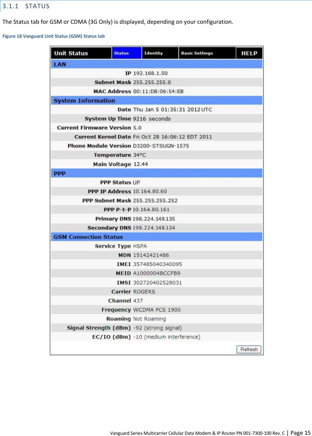 Vanguard Series Multicarrier Cellular Data Modem &amp; IP Router PN 001-7300-100 Rev. C | Page 15 3.1.1 STATUS The Status tab for GSM or CDMA (3G Only) is displayed, depending on your configuration. Figure 18 Vanguard Unit Status (GSM) Status tab   