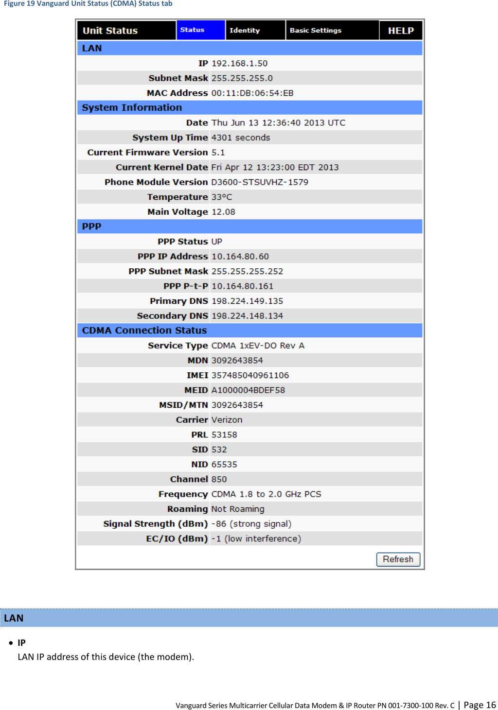 Vanguard Series Multicarrier Cellular Data Modem &amp; IP Router PN 001-7300-100 Rev. C | Page 16 Figure 19 Vanguard Unit Status (CDMA) Status tab   LAN  IP LAN IP address of this device (the modem).  