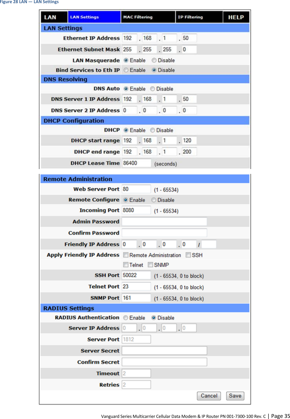 Vanguard Series Multicarrier Cellular Data Modem &amp; IP Router PN 001-7300-100 Rev. C | Page 35 Figure 28 LAN — LAN Settings   