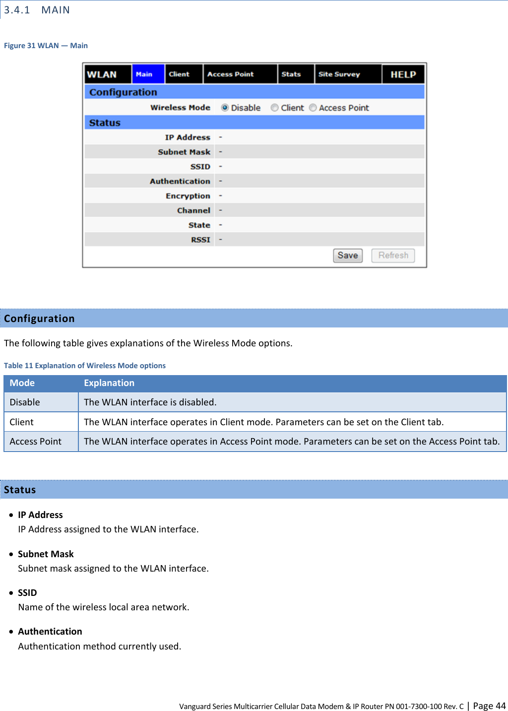 Vanguard Series Multicarrier Cellular Data Modem &amp; IP Router PN 001-7300-100 Rev. C | Page 44 3.4.1 MAIN  Figure 31 WLAN — Main   Configuration The following table gives explanations of the Wireless Mode options. Table 11 Explanation of Wireless Mode options Mode Explanation Disable The WLAN interface is disabled. Client The WLAN interface operates in Client mode. Parameters can be set on the Client tab. Access Point The WLAN interface operates in Access Point mode. Parameters can be set on the Access Point tab.  Status  IP Address IP Address assigned to the WLAN interface.  Subnet Mask Subnet mask assigned to the WLAN interface.  SSID Name of the wireless local area network.  Authentication Authentication method currently used. 