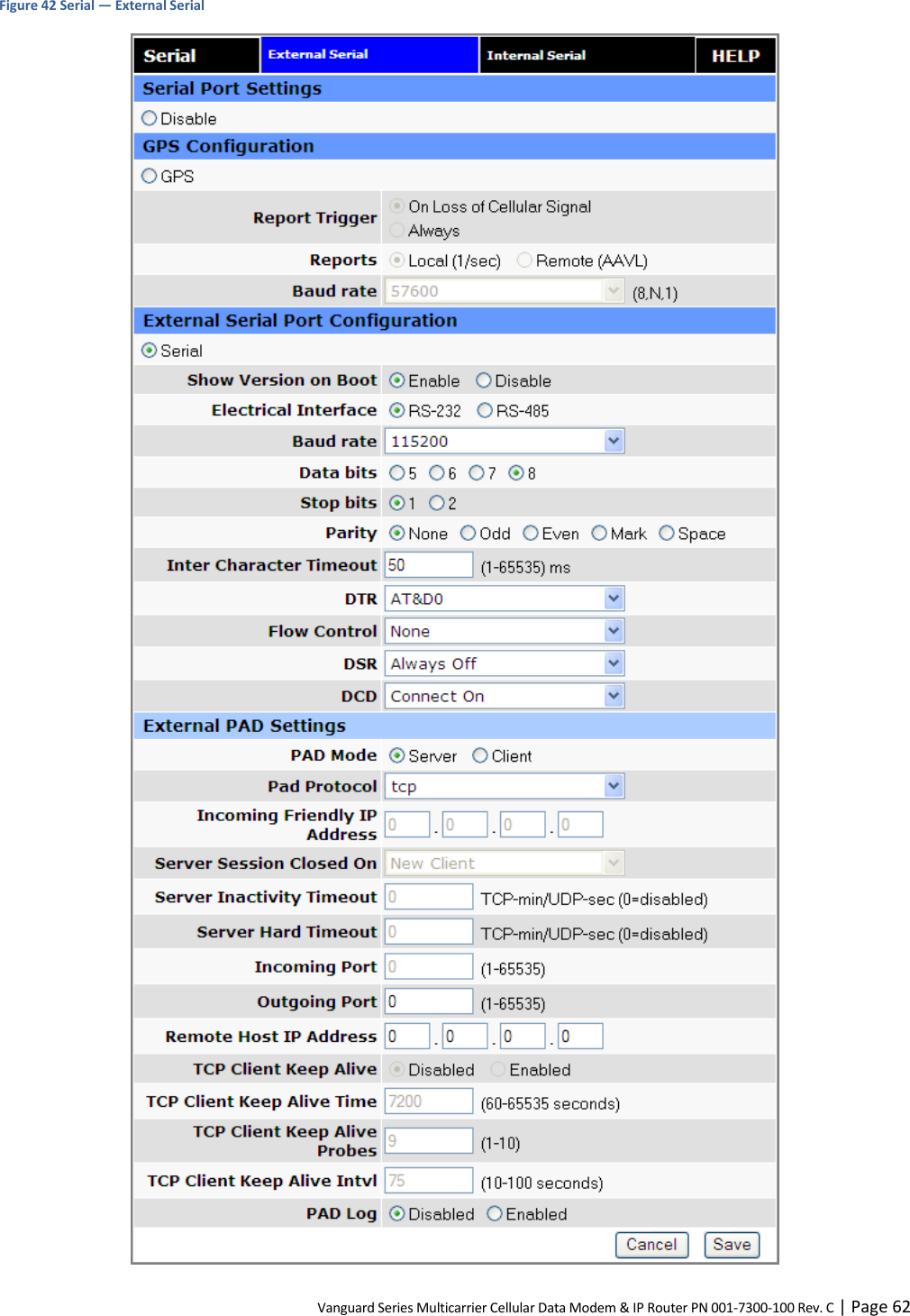 Vanguard Series Multicarrier Cellular Data Modem &amp; IP Router PN 001-7300-100 Rev. C | Page 62 Figure 42 Serial — External Serial  