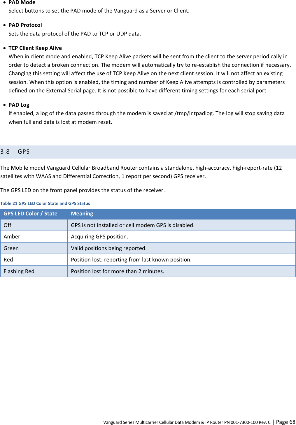 Vanguard Series Multicarrier Cellular Data Modem &amp; IP Router PN 001-7300-100 Rev. C | Page 68  PAD Mode Select buttons to set the PAD mode of the Vanguard as a Server or Client.  PAD Protocol Sets the data protocol of the PAD to TCP or UDP data.  TCP Client Keep Alive When in client mode and enabled, TCP Keep Alive packets will be sent from the client to the server periodically in order to detect a broken connection. The modem will automatically try to re-establish the connection if necessary. Changing this setting will affect the use of TCP Keep Alive on the next client session. It will not affect an existing session. When this option is enabled, the timing and number of Keep Alive attempts is controlled by parameters defined on the External Serial page. It is not possible to have different timing settings for each serial port.  PAD Log If enabled, a log of the data passed through the modem is saved at /tmp/intpadlog. The log will stop saving data when full and data is lost at modem reset.  3.8 GPS The Mobile model Vanguard Cellular Broadband Router contains a standalone, high-accuracy, high-report-rate (12 satellites with WAAS and Differential Correction, 1 report per second) GPS receiver. The GPS LED on the front panel provides the status of the receiver. Table 21 GPS LED Color State and GPS Status GPS LED Color / State Meaning Off GPS is not installed or cell modem GPS is disabled. Amber Acquiring GPS position. Green Valid positions being reported. Red Position lost; reporting from last known position. Flashing Red Position lost for more than 2 minutes.  