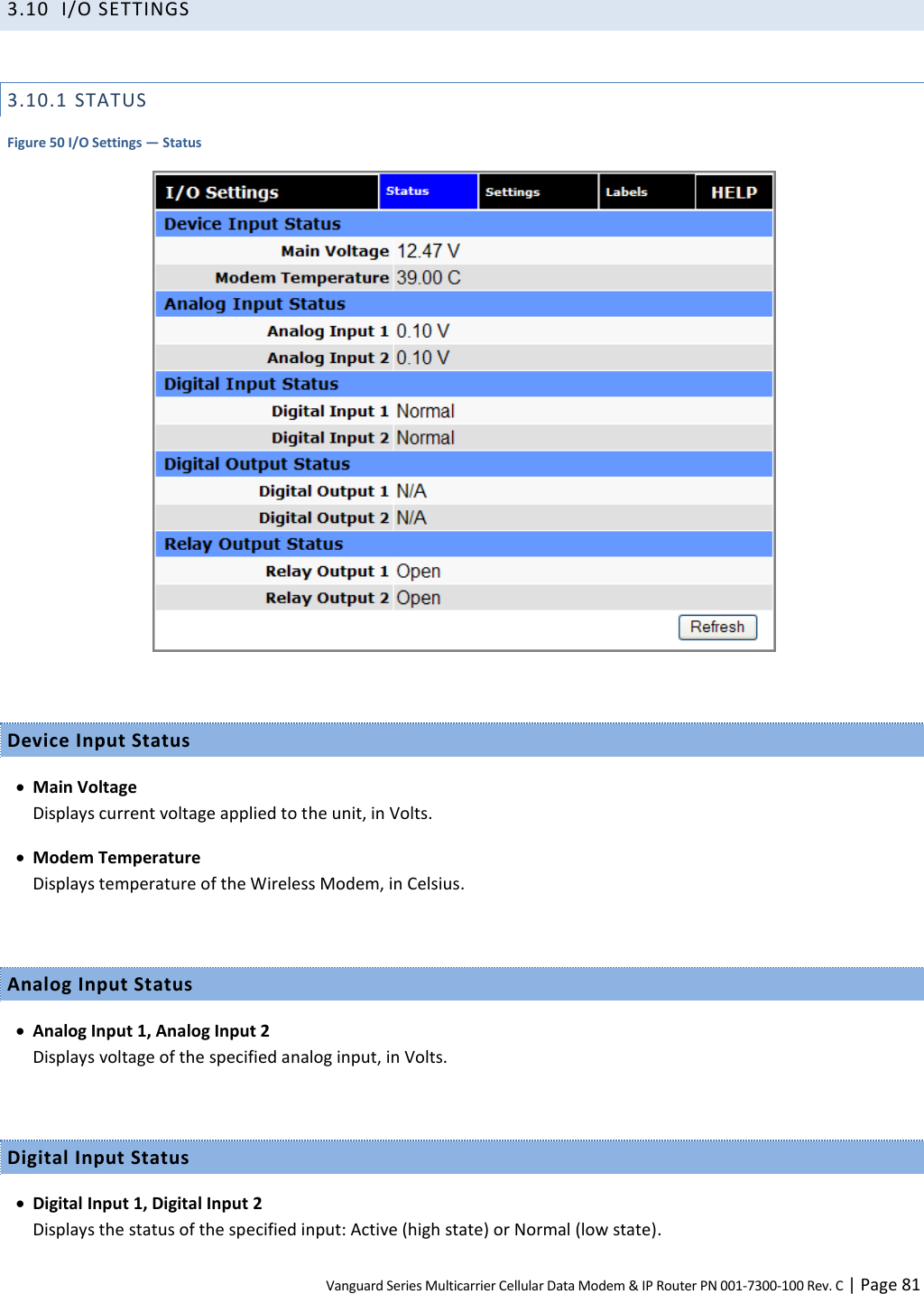 Vanguard Series Multicarrier Cellular Data Modem &amp; IP Router PN 001-7300-100 Rev. C | Page 81 3.10 I/O SETTINGS  3.10.1 STATUS Figure 50 I/O Settings — Status   Device Input Status  Main Voltage Displays current voltage applied to the unit, in Volts.  Modem Temperature Displays temperature of the Wireless Modem, in Celsius.  Analog Input Status  Analog Input 1, Analog Input 2 Displays voltage of the specified analog input, in Volts.  Digital Input Status  Digital Input 1, Digital Input 2 Displays the status of the specified input: Active (high state) or Normal (low state). 