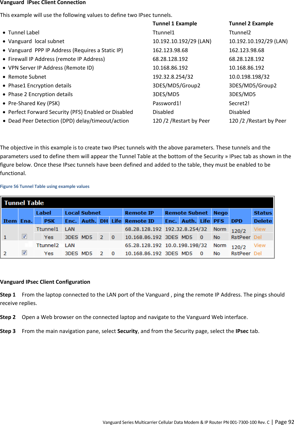 Vanguard Series Multicarrier Cellular Data Modem &amp; IP Router PN 001-7300-100 Rev. C | Page 92 Vanguard  IPsec Client Connection This example will use the following values to define two IPsec tunnels.  Tunnel 1 Example  Tunnel 2 Example  Tunnel Label  Ttunnel1  Ttunnel2  Vanguard  local subnet  10.192.10.192/29 (LAN)  10.192.10.192/29 (LAN)  Vanguard  PPP IP Address (Requires a Static IP)  162.123.98.68  162.123.98.68  Firewall IP Address (remote IP Address)  68.28.128.192  68.28.128.192  VPN Server IP Address (Remote ID)  10.168.86.192  10.168.86.192  Remote Subnet  192.32.8.254/32  10.0.198.198/32  Phase1 Encryption details  3DES/MD5/Group2  3DES/MD5/Group2  Phase 2 Encryption details  3DES/MD5  3DES/MD5  Pre-Shared Key (PSK)  Password1!  Secret2!  Perfect Forward Security (PFS) Enabled or Disabled  Disabled  Disabled  Dead Peer Detection (DPD) delay/timeout/action  120 /2 /Restart by Peer  120 /2 /Restart by Peer  The objective in this example is to create two IPsec tunnels with the above parameters. These tunnels and the parameters used to define them will appear the Tunnel Table at the bottom of the Security » IPsec tab as shown in the figure below. Once these IPsec tunnels have been defined and added to the table, they must be enabled to be functional. Figure 56 Tunnel Table using example values   Vanguard IPsec Client Configuration Step 1  From the laptop connected to the LAN port of the Vanguard , ping the remote IP Address. The pings should receive replies. Step 2  Open a Web browser on the connected laptop and navigate to the Vanguard Web interface. Step 3  From the main navigation pane, select Security, and from the Security page, select the IPsec tab. 