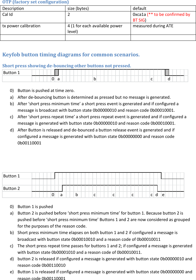 OTP (factory set configuration) Description size (bytes) default Cal Id  2  0xca1a (** to be confirmed by BT SIG) tx power calibration 4 (1 for each available power level) measured during ATE       Keyfob button timing diagrams for common scenarios. Short press showing de-bouncing other buttons not pressed.  0) Button is pushed at time zero. a) After de-bouncing button is determined as pressed but no message is generated. b) After ‘short press minimum time’ a short press event is generated and if configured a message is broadcast with button state 0b00000010 and reason code 0b00010001. c) After ‘short press repeat time’ a short press repeat event is generated and if configured a message is generated with button state 0b00000010 and reason code 0b00010001. d) After Button is released and de-bounced a button release event is generated and if configured a message is generated with button state 0b00000000 and reason code 0b00110001    0) Button 1 is pushed a) Button 2 is pushed before ‘short press minimum time’ for button 1. Because button 2 is pushed before ‘short press minimum time’ Buttons 1 and 2 are now considered as grouped for the purposes of the reason code. b) Short press minimum time elapses on both button 1 and 2 if configured a message is broadcast with button state 0b00010010 and a reason code of 0b00010011 c) The short press repeat time passes for buttons 1 and 2; if configured a message is generated with button state 0b00001010 and a reason code of 0b00010011. d) button 2 is released if configured a message is generated with button state 0b00000010 and reason code 0b00110010 e) Button 1 is released if configured a message is generated with button state 0b00000000 and reason code 0b00110001 Button 10  a b c   dButton 1Button 20 a  b cccc d e  