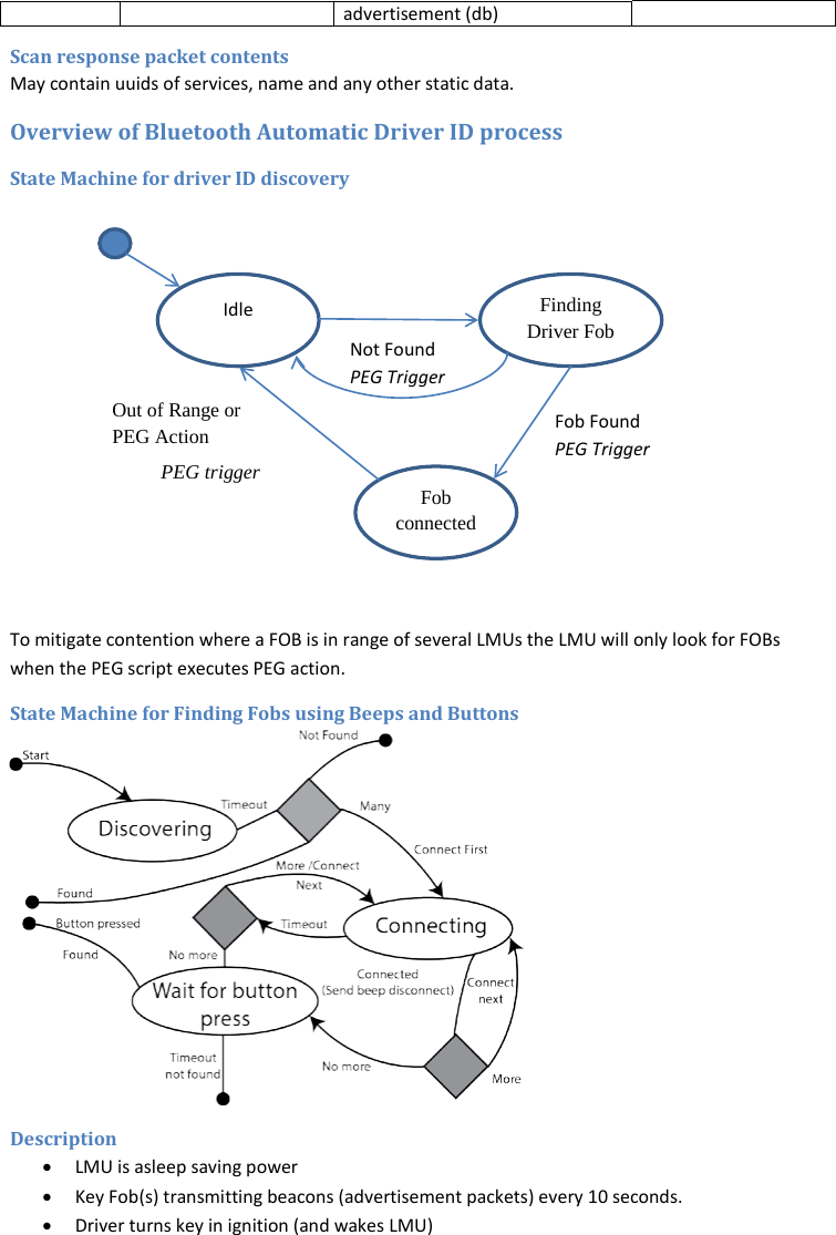 advertisement (db)  Scan response packet contents May contain uuids of services, name and any other static data. Overview of Bluetooth Automatic Driver ID process State Machine for driver ID discovery  To mitigate contention where a FOB is in range of several LMUs the LMU will only look for FOBs when the PEG script executes PEG action.  State Machine for Finding Fobs using Beeps and Buttons  Description • LMU is asleep saving power • Key Fob(s) transmitting beacons (advertisement packets) every 10 seconds. • Driver turns key in ignition (and wakes LMU) Idle Finding Driver Fob Fob connected Fob Found PEG Trigger PEG trigger PEG Action Out of Range or PEG Action Not Found PEG Trigger 