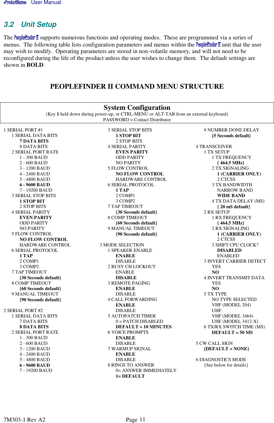 «ProductName»    User Manual 7M303-1 Rev A2  Page  11 3.2  Unit Setup The Peoplefinder II supports numerous functions and operating modes.  These are programmed via a series of menus.  The following table lists configuration parameters and menus within the Peoplefinder II unit that the user may wish to modify.  Operating parameters are stored in non-volatile memory, and will not need to be reconfigured during the life of the product unless the user wishes to change them.  The default settings are shown in BOLD.  PEOPLEFINDER II COMMAND MENU STRUCTURE  System Configuration (Key 1 held down during power-up, or CTRL-MENU or ALT-TAB from an external keyboard) PASSWORD = Contact Distributor  1 SERIAL PORT #1      1 SERIAL DATA BITS     7 DATA BITS        8 DATA BITS       2 SERIAL PORT RATE           1 - 300 BAUD           2 - 600 BAUD           3 - 1200 BAUD           4 - 2400 BAUD           5 - 4800 BAUD           6 - 9600 BAUD                 7 - 19200 BAUD   3 SERIAL STOP BITS     1 STOP BIT              2 STOP BITS       4 SERIAL PARITY     EVEN PARITY              ODD PARITY              NO PARITY   5 FLOW CONTROL     NO FLOW CONTROL     HARDWARE CONTROL  6 SERIAL PROTOCOL           1 TAP           2 COMP1           3 COMP2   7 TAP TIMEOUT         {30 Seconds default}   8 COMP TIMEOUT     {60 Seconds default}   9 MANUAL TIMEOUT     {90 Seconds default}  2 SERIAL PORT #2      1 SERIAL DATA BITS     7 DATA BITS        8 DATA BITS 2 SERIAL PORT RATE           1 - 300 BAUD           2 - 600 BAUD           3 - 1200 BAUD           4 - 2400 BAUD           5 - 4800 BAUD           6 - 9600 BAUD                 7 - 19200 BAUD       3 SERIAL STOP BITS     1 STOP BIT              2 STOP BITS       4 SERIAL PARITY     EVEN PARITY              ODD PARITY              NO PARITY   5 FLOW CONTROL     NO FLOW CONTROL     HARDWARE CONTROL  6 SERIAL PROTOCOL           1 TAP           2 COMP1           3 COMP2   7 TAP TIMEOUT         {30 Seconds default}   8 COMP TIMEOUT     {60 Seconds default}   9 MANUAL TIMEOUT     {90 Seconds default}  3 MODE SELECTION   1 SPEAKER ENABLE     ENABLE     DISABLE     2 BUSY CH LOCKOUT     ENABLE     DISABLE     3 REMOTE PAGING     ENABLE     DISABLE     4 CALL FORWARDING     ENABLE     DISABLE     5 AUTOPATCH TIMER     0 = PATCH DISABLED     DEFAULT = 10 MINUTES     6 VOICE PROMPTS     ENABLE     DISABLE     7 WARMUP SIGNAL     ENABLE     DISABLE    8 RINGS TO ANSWER     0= ANSWER IMMEDIATELY     1= DEFAULT     9 NUMBER DONE DELAY     {5 Seconds default}  4 TRANSCEIVER   1 TX SETUP           1 TX FREQUENCY       { 464.5 MHz}     2 TX SIGNALING                1 (CARRIER ONLY)                2 CTCSS           3 TX BANDWIDTH       NARROW BAND                   WIDE BAND     4 TX DATA DELAY (MS)       { 20 mS default} 2 RX SETUP    1 RX FREQUENCY     { 464.5 MHz}   2 RX SIGNALING     1 (CARRIER ONLY)     2 CTCSS   3 SHIFT CPU CLOCK?     DISABLED     ENABLED 3 INVERT CARRIER DETECT     YES     NO   4 INVERT TRANSMIT DATA     YES     NO   5 TX TYPE     NO TYPE SELECTED      VHF (MODEL 204)     UHF     VHF (MODEL 3464)     UHF (MODEL 3412-X)  6 TX/RX SWITCH TIME (MS)     DEFAULT = 50 MS  5 CW CALL SIGN   {DEFAULT = NONE}    6 DIAGNOSTICS MODE   {See below for details}   