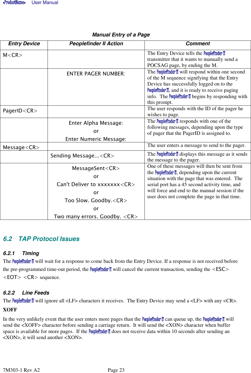«ProductName»      User Manual      7M303-1 Rev A2  Page 23  Manual Entry of a Page Entry Device Peoplefinder II Action Comment M&lt;CR&gt;  The Entry Device tells the Peoplefinder II transmitter that it wants to manually send a POCSAG page, by ending the M.   ENTER PAGER NUMBER: The Peoplefinder II will respond within one second of the M sequence signifying that the Entry Device has successfully logged on to the Peoplefinder II, and it is ready to receive paging info.  The Peoplefinder II begins by responding with this prompt.  PagerID&lt;CR&gt;  The user responds with the ID of the pager he wishes to page.    Enter Alpha Message: or Enter Numeric Message: The Peoplefinder II responds with one of the following messages, depending upon the type of pager that the PagerID is assigned to. Message&lt;CR&gt;  The user enters a message to send to the pager.  Sending Message...&lt;CR&gt; The Peoplefinder II displays this message as it sends the message to the pager.   MessageSent&lt;CR&gt; or Can&apos;t Deliver to xxxxxxx&lt;CR&gt; or Too Slow. Goodby.&lt;CR&gt; or Two many errors. Goodby. &lt;CR&gt; One of these messages will then be sent from the Peoplefinder II, depending upon the current situation with the page that was entered.  The serial port has a 45 second activity time, and will force and end to the manual session if the user does not complete the page in that time.   6.2  TAP Protocol Issues 6.2.1  Timing The Peoplefinder II will wait for a response to come back from the Entry Device. If a response is not received before the pre-programmed time-out period, the Peoplefinder II will cancel the current transaction, sending the &lt;ESC&gt; &lt;EOT&gt; &lt;CR&gt; sequence. 6.2.2  Line Feeds The Peoplefinder II will ignore all &lt;LF&gt; characters it receives.  The Entry Device may send a &lt;LF&gt; with any &lt;CR&gt;. XOFF In the very unlikely event that the user enters more pages than the Peoplefinder II can queue up, the Peoplefinder II will send the &lt;XOFF&gt; character before sending a carriage return.  It will send the &lt;XON&gt; character when buffer space is available for more pages.  If the Peoplefinder II does not receive data within 10 seconds after sending an &lt;XON&gt;, it will send another &lt;XON&gt;.  