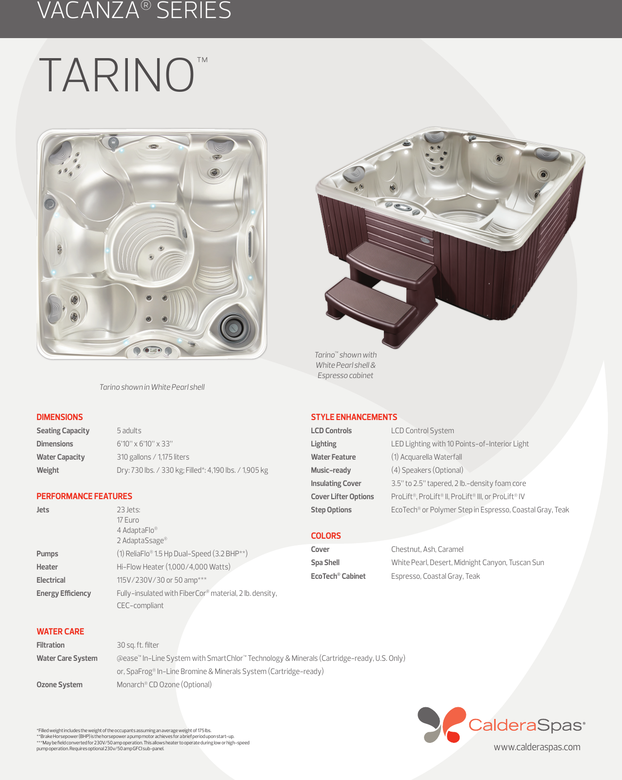 Page 1 of 1 - Caldera Spas Vacanza-Tarino-Specification-Sheet-Version-B-2017 User Manual