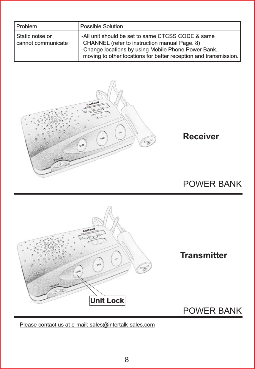 3OHDVHFRQWDFWXVDWHPDLOVDOHV#LQWHUWDONVDOHVFRP3UREOHP 3RVVLEOH6ROXWLRQ6WDWLFQRLVHRUFDQQRWFRPPXQLFDWH$OOXQLWVKRXOGEHVHWWRVDPH&amp;7&amp;66&amp;2'(VDPH&amp;+$11(/UHIHUWRLQVWUXFWLRQPDQXDO3DJH&amp;KDQJHORFDWLRQVE\XVLQJ0RELOH3KRQH3RZHU%DQNPRYLQJWRRWKHUORFDWLRQVIRUEHWWHUUHFHSWLRQDQGWUDQVPLVVLRQReceiverTransmitterPOWER BANKPOWER BANKUnit Lock8