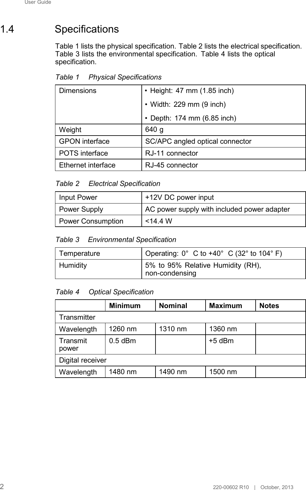 User Guide    1.4  Specifications  Table 1 lists the physical specification. Table 2 lists the electrical specification. Table 3 lists the environmental specification. Table 4 lists the optical specification.  Table 1  Physical Specifications  Dimensions • Height: 47 mm (1.85 inch)  • Width: 229 mm (9 inch)  • Depth: 174 mm (6.85 inch) Weight 640 g GPON interface SC/APC angled optical connector  POTS interface RJ-11 connector  Ethernet interface RJ-45 connector  Table 2  Electrical Specification  Input Power +12V DC power input  Power Supply AC power supply with included power adapter  Power Consumption &lt;14.4 W  Table 3  Environmental Specification  Temperature Operating:  0°         C to +40°         C (32° to 104° F)  Humidity 5% to 95% Relative Humidity (RH), non-condensing  Table 4  Optical Specification  Minimum Nominal Maximum Notes  Transmitter  Wavelength 1260 nm 1310 nm 1360 nm  Transmit power  Digital receiver  0.5 dBm +5 dBm  Wavelength 1480 nm 1490 nm 1500 nm                 2  220-00602 R10   |   October, 2013 