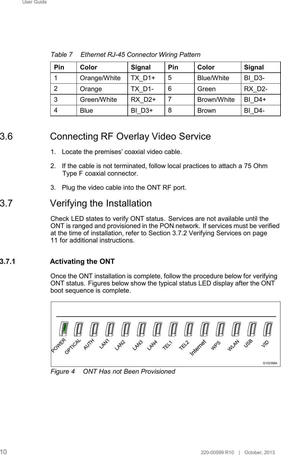 User Guide         Table 7 Ethernet RJ-45 Connector Wiring Pattern  Pin Color Signal Pin Color Signal 1  Orange/White TX_D1+ 5  Blue/White BI_D3- 2  Orange TX_D1-  6  Green RX_D2- 3  Green/White RX_D2+ 7  Brown/White BI_D4+  4  Blue BI_D3+ 8  Brown BI_D4-    3.6  Connecting RF Overlay Video Service  1. Locate the premises’ coaxial video cable.  2. If the cable is not terminated, follow local practices to attach a 75 Ohm Type F coaxial connector.  3. Plug the video cable into the ONT RF port.  3.7  Verifying the Installation  Check LED states to verify ONT status. Services are not available until the ONT is ranged and provisioned in the PON network. If services must be verified at the time of installation, refer to Section 3.7.2 Verifying Services on page 11 for additional instructions.   3.7.1 Activating the ONT  Once the ONT installation is complete, follow the procedure below for verifying ONT status. Figures below show the typical status LED display after the ONT boot sequence is complete.             Figure 4  ONT Has not Been Provisioned G102398A             10 220-00599 R10   |   October, 2013 