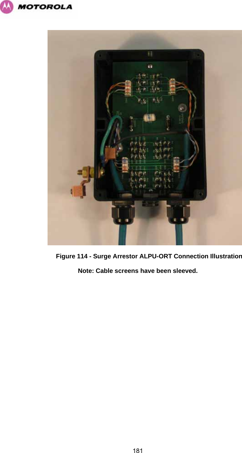   181 Figure 114 - Surge Arrestor ALPU-ORT Connection Illustration Note: Cable screens have been sleeved. 
