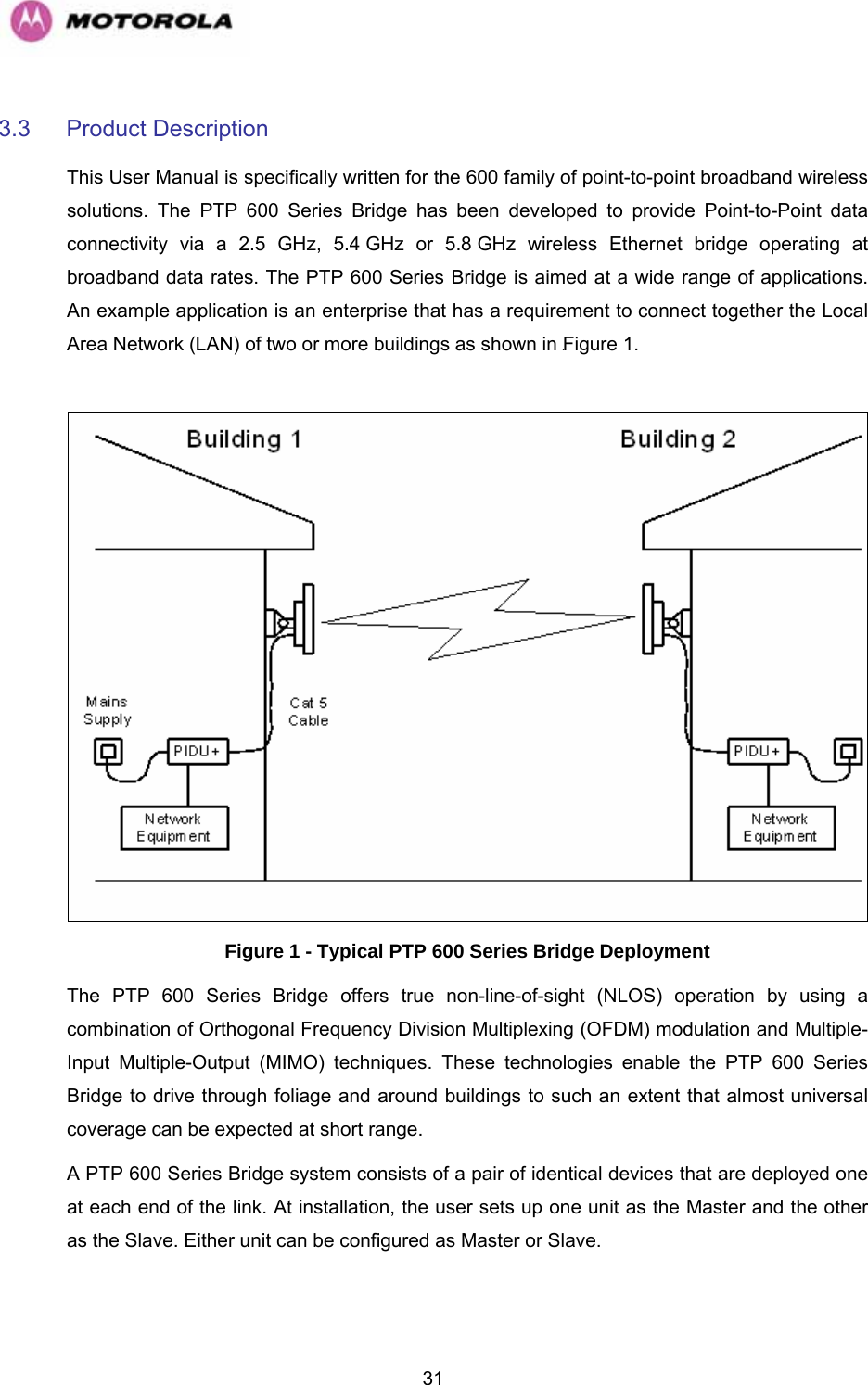   313.3 Product Description This User Manual is specifically written for the 600 family of point-to-point broadband wireless solutions. The PTP 600 Series Bridge has been developed to provide Point-to-Point data connectivity via a 2.5 GHz, 5.4 GHz or 5.8 GHz wireless Ethernet bridge operating at broadband data rates. The PTP 600 Series Bridge is aimed at a wide range of applications. An example application is an enterprise that has a requirement to connect together the Local Area Network (LAN) of two or more buildings as shown in 964HFigure 1.    Figure 1 - Typical PTP 600 Series Bridge Deployment The PTP 600 Series Bridge offers true non-line-of-sight (NLOS) operation by using a combination of Orthogonal Frequency Division Multiplexing (OFDM) modulation and Multiple-Input Multiple-Output (MIMO) techniques. These technologies enable the PTP 600 Series Bridge to drive through foliage and around buildings to such an extent that almost universal coverage can be expected at short range.  A PTP 600 Series Bridge system consists of a pair of identical devices that are deployed one at each end of the link. At installation, the user sets up one unit as the Master and the other as the Slave. Either unit can be configured as Master or Slave.  