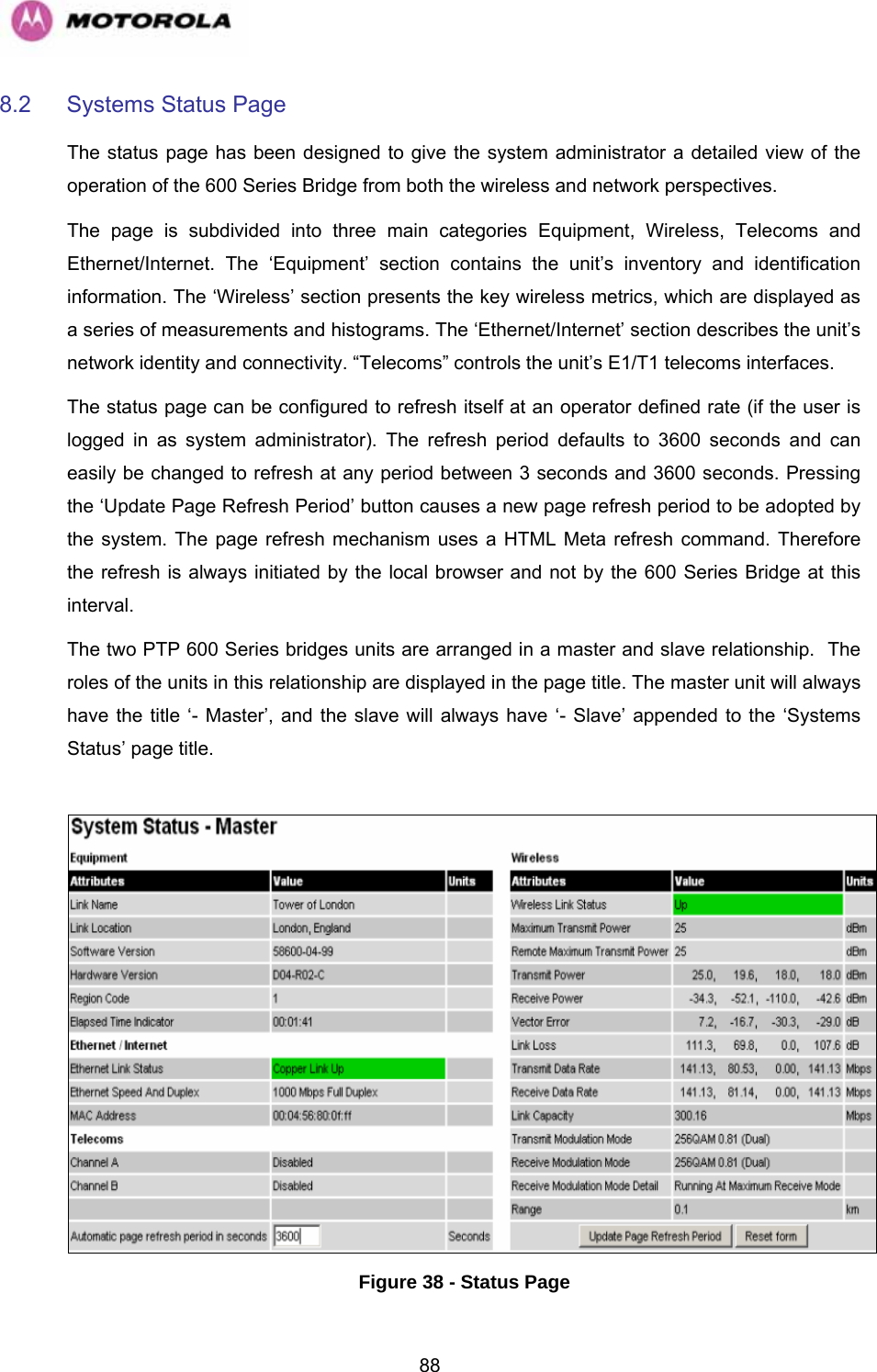   888.2  Systems Status Page  The status page has been designed to give the system administrator a detailed view of the operation of the 600 Series Bridge from both the wireless and network perspectives.  The page is subdivided into three main categories Equipment, Wireless, Telecoms and Ethernet/Internet. The ‘Equipment’ section contains the unit’s inventory and identification information. The ‘Wireless’ section presents the key wireless metrics, which are displayed as a series of measurements and histograms. The ‘Ethernet/Internet’ section describes the unit’s network identity and connectivity. “Telecoms” controls the unit’s E1/T1 telecoms interfaces. The status page can be configured to refresh itself at an operator defined rate (if the user is logged in as system administrator). The refresh period defaults to 3600 seconds and can easily be changed to refresh at any period between 3 seconds and 3600 seconds. Pressing the ‘Update Page Refresh Period’ button causes a new page refresh period to be adopted by the system. The page refresh mechanism uses a HTML Meta refresh command. Therefore the refresh is always initiated by the local browser and not by the 600 Series Bridge at this interval. The two PTP 600 Series bridges units are arranged in a master and slave relationship.  The roles of the units in this relationship are displayed in the page title. The master unit will always have the title ‘- Master’, and the slave will always have ‘- Slave’ appended to the ‘Systems Status’ page title.   Figure 38 - Status Page 