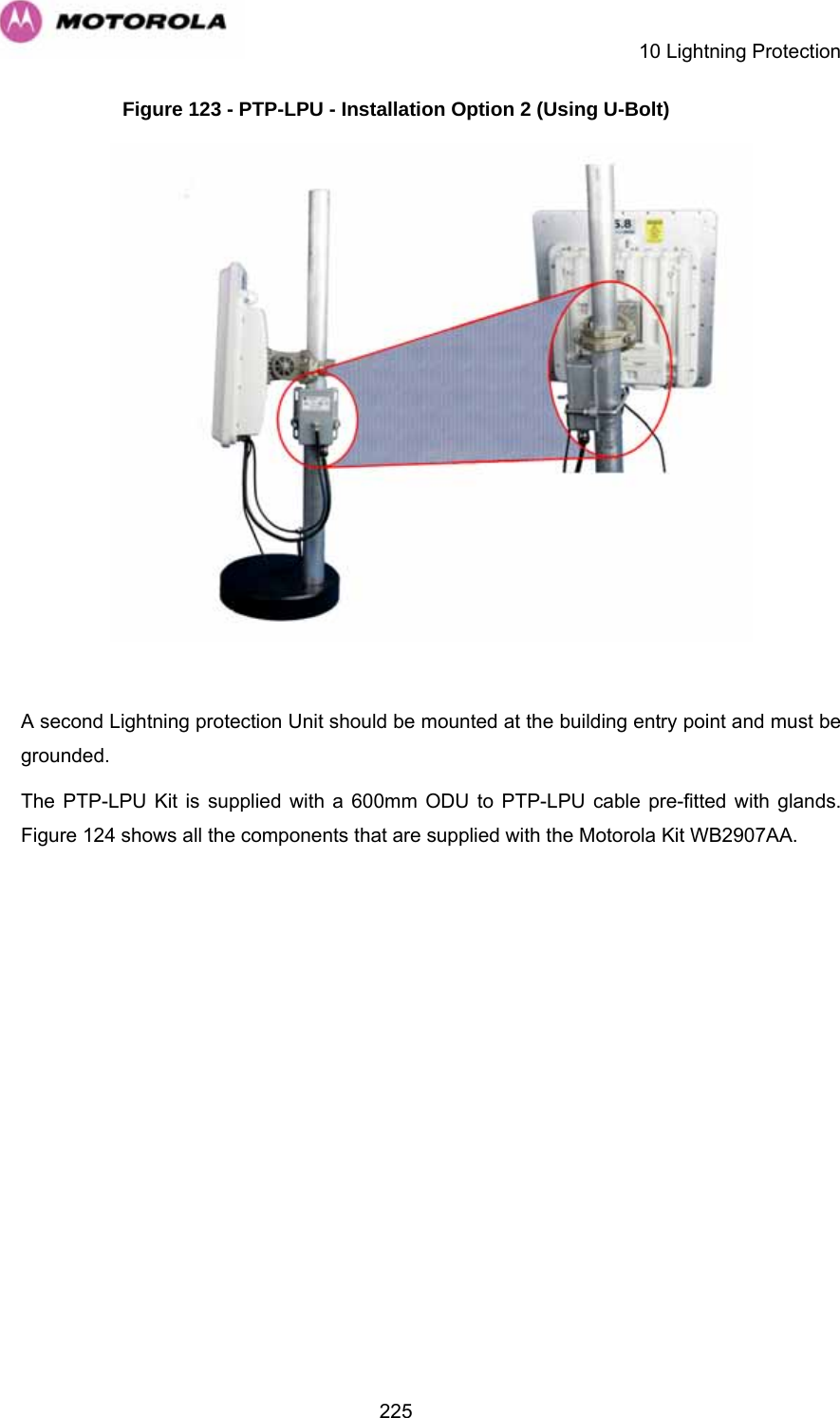    10 Lightning Protection  225Figure 123 - PTP-LPU - Installation Option 2 (Using U-Bolt)   A second Lightning protection Unit should be mounted at the building entry point and must be grounded. The PTP-LPU Kit is supplied with a 600mm ODU to PTP-LPU cable pre-fitted with glands. Figure 124 shows all the components that are supplied with the Motorola Kit WB2907AA.  
