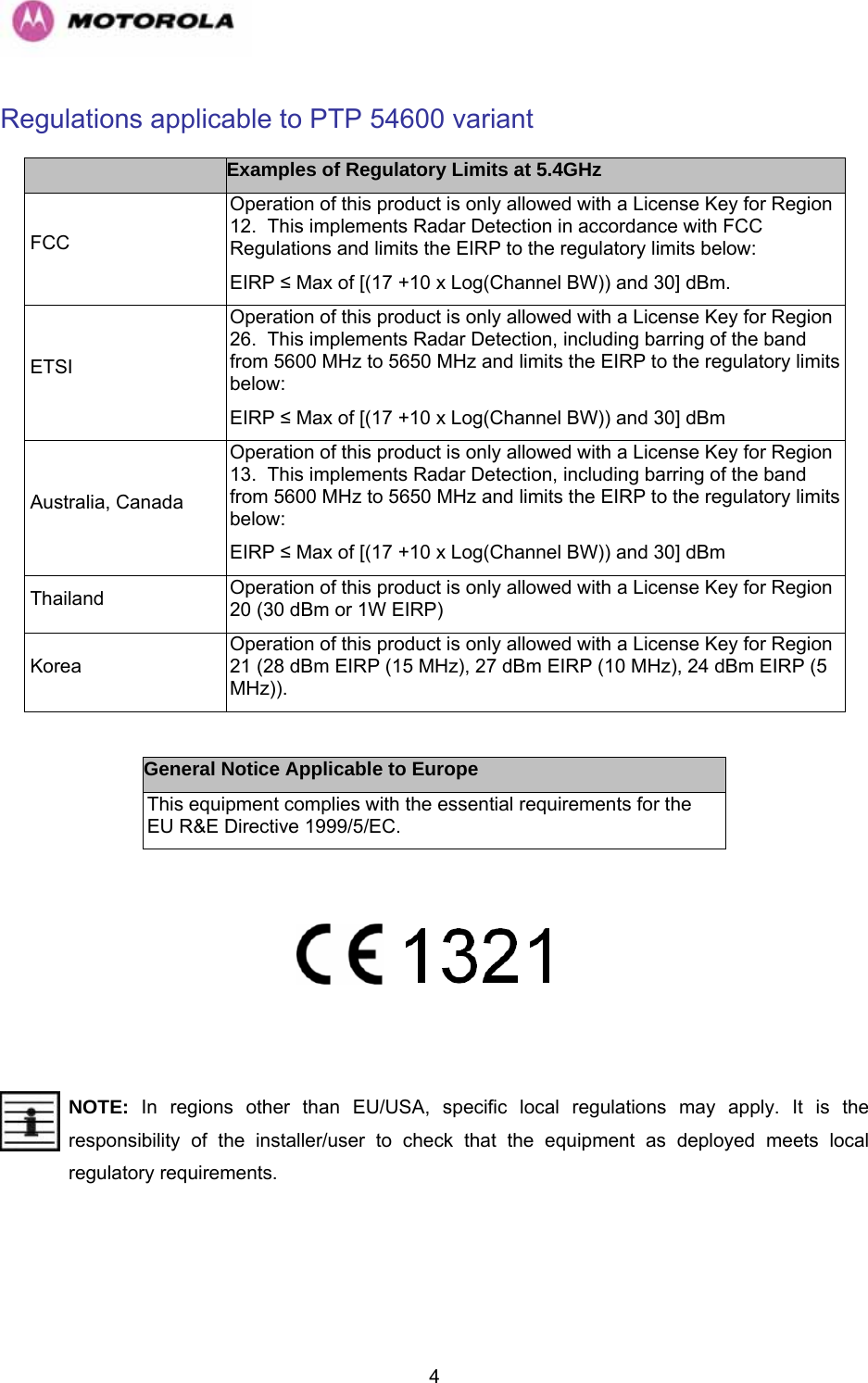  4Regulations applicable to PTP 54600 variant  Examples of Regulatory Limits at 5.4GHz  FCC Operation of this product is only allowed with a License Key for Region 12.  This implements Radar Detection in accordance with FCC Regulations and limits the EIRP to the regulatory limits below: EIRP ≤ Max of [(17 +10 x Log(Channel BW)) and 30] dBm.  ETSI Operation of this product is only allowed with a License Key for Region 26.  This implements Radar Detection, including barring of the band from 5600 MHz to 5650 MHz and limits the EIRP to the regulatory limits below: EIRP ≤ Max of [(17 +10 x Log(Channel BW)) and 30] dBm  Australia, Canada Operation of this product is only allowed with a License Key for Region 13.  This implements Radar Detection, including barring of the band from 5600 MHz to 5650 MHz and limits the EIRP to the regulatory limits below: EIRP ≤ Max of [(17 +10 x Log(Channel BW)) and 30] dBm  Thailand  Operation of this product is only allowed with a License Key for Region 20 (30 dBm or 1W EIRP)  Korea Operation of this product is only allowed with a License Key for Region 21 (28 dBm EIRP (15 MHz), 27 dBm EIRP (10 MHz), 24 dBm EIRP (5 MHz)).  General Notice Applicable to Europe This equipment complies with the essential requirements for the EU R&amp;E Directive 1999/5/EC.    NOTE:  In regions other than EU/USA, specific local regulations may apply. It is the responsibility of the installer/user to check that the equipment as deployed meets local regulatory requirements. 