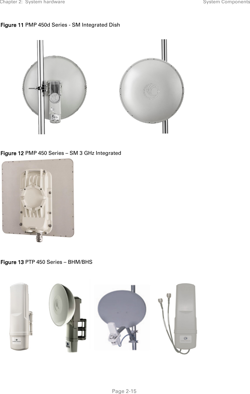 Chapter 2:  System hardware System Components   Page 2-15 Figure 11 PMP 450d Series - SM Integrated Dish    Figure 12 PMP 450 Series – SM 3 GHz Integrated    Figure 13 PTP 450 Series – BHM/BHS   
