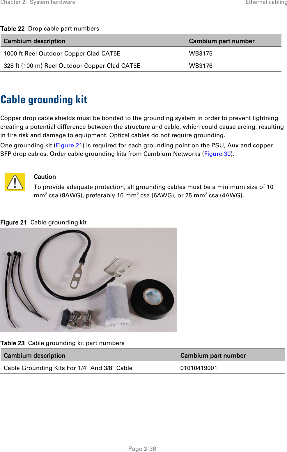 Chapter 2:  System hardware Ethernet cabling  Table 22  Drop cable part numbers Cambium description Cambium part number 1000 ft Reel Outdoor Copper Clad CAT5E WB3175 328 ft (100 m) Reel Outdoor Copper Clad CAT5E WB3176  Cable grounding kit Copper drop cable shields must be bonded to the grounding system in order to prevent lightning creating a potential difference between the structure and cable, which could cause arcing, resulting in fire risk and damage to equipment. Optical cables do not require grounding. One grounding kit (Figure 21) is required for each grounding point on the PSU, Aux and copper SFP drop cables. Order cable grounding kits from Cambium Networks (Figure 30).   Caution To provide adequate protection, all grounding cables must be a minimum size of 10 mm2 csa (8AWG), preferably 16 mm2 csa (6AWG), or 25 mm2 csa (4AWG).  Figure 21  Cable grounding kit  Table 23  Cable grounding kit part numbers Cambium description Cambium part number Cable Grounding Kits For 1/4&quot; And 3/8&quot; Cable 01010419001      Page 2-36 