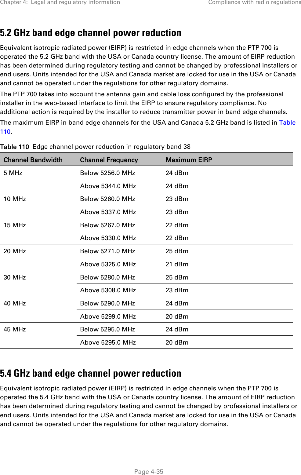 Chapter 4:  Legal and regulatory information Compliance with radio regulations  5.2 GHz band edge channel power reduction Equivalent isotropic radiated power (EIRP) is restricted in edge channels when the PTP 700 is operated the 5.2 GHz band with the USA or Canada country license. The amount of EIRP reduction has been determined during regulatory testing and cannot be changed by professional installers or end users. Units intended for the USA and Canada market are locked for use in the USA or Canada and cannot be operated under the regulations for other regulatory domains. The PTP 700 takes into account the antenna gain and cable loss configured by the professional installer in the web-based interface to limit the EIRP to ensure regulatory compliance. No additional action is required by the installer to reduce transmitter power in band edge channels. The maximum EIRP in band edge channels for the USA and Canada 5.2 GHz band is listed in Table 110. Table 110  Edge channel power reduction in regulatory band 38 Channel Bandwidth Channel Frequency Maximum EIRP 5 MHz Below 5256.0 MHz 24 dBm Above 5344.0 MHz 24 dBm 10 MHz Below 5260.0 MHz 23 dBm Above 5337.0 MHz 23 dBm 15 MHz Below 5267.0 MHz 22 dBm Above 5330.0 MHz 22 dBm 20 MHz Below 5271.0 MHz 25 dBm Above 5325.0 MHz  21 dBm 30 MHz Below 5280.0 MHz 25 dBm Above 5308.0 MHz  23 dBm 40 MHz Below 5290.0 MHz  24 dBm Above 5299.0 MHz 20 dBm 45 MHz Below 5295.0 MHz 24 dBm Above 5295.0 MHz 20 dBm  5.4 GHz band edge channel power reduction Equivalent isotropic radiated power (EIRP) is restricted in edge channels when the PTP 700 is operated the 5.4 GHz band with the USA or Canada country license. The amount of EIRP reduction has been determined during regulatory testing and cannot be changed by professional installers or end users. Units intended for the USA and Canada market are locked for use in the USA or Canada and cannot be operated under the regulations for other regulatory domains.  Page 4-35 