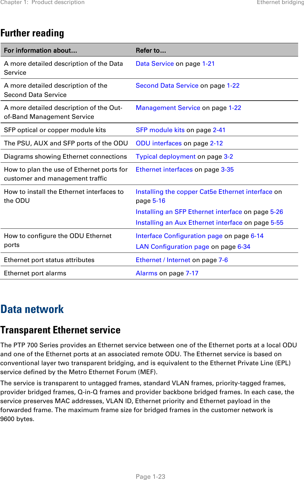 Chapter 1:  Product description Ethernet bridging  Further reading For information about… Refer to… A more detailed description of the Data Service Data Service on page 1-21 A more detailed description of the Second Data Service Second Data Service on page 1-22 A more detailed description of the Out-of-Band Management Service Management Service on page 1-22 SFP optical or copper module kits SFP module kits on page 2-41 The PSU, AUX and SFP ports of the ODU ODU interfaces on page 2-12 Diagrams showing Ethernet connections Typical deployment on page 3-2 How to plan the use of Ethernet ports for customer and management traffic Ethernet interfaces on page 3-35  How to install the Ethernet interfaces to the ODU Installing the copper Cat5e Ethernet interface on page 5-16 Installing an SFP Ethernet interface on page 5-26 Installing an Aux Ethernet interface on page 5-55 How to configure the ODU Ethernet ports Interface Configuration page on page 6-14 LAN Configuration page on page 6-34 Ethernet port status attributes Ethernet / Internet on page 7-6 Ethernet port alarms Alarms on page 7-17  Data network Transparent Ethernet service The PTP 700 Series provides an Ethernet service between one of the Ethernet ports at a local ODU and one of the Ethernet ports at an associated remote ODU. The Ethernet service is based on conventional layer two transparent bridging, and is equivalent to the Ethernet Private Line (EPL) service defined by the Metro Ethernet Forum (MEF). The service is transparent to untagged frames, standard VLAN frames, priority-tagged frames, provider bridged frames, Q-in-Q frames and provider backbone bridged frames. In each case, the service preserves MAC addresses, VLAN ID, Ethernet priority and Ethernet payload in the forwarded frame. The maximum frame size for bridged frames in the customer network is 9600 bytes.  Page 1-23 
