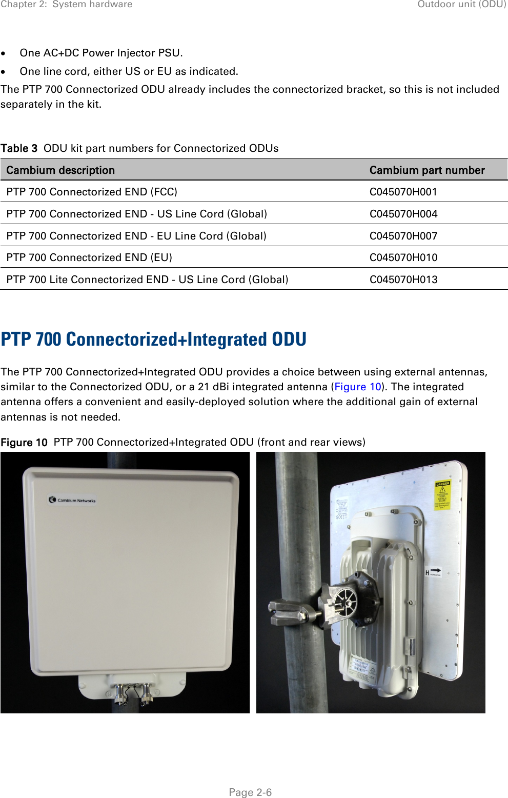 Chapter 2:  System hardware Outdoor unit (ODU)  • One AC+DC Power Injector PSU. • One line cord, either US or EU as indicated. The PTP 700 Connectorized ODU already includes the connectorized bracket, so this is not included separately in the kit.  Table 3  ODU kit part numbers for Connectorized ODUs Cambium description Cambium part number PTP 700 Connectorized END (FCC) C045070H001 PTP 700 Connectorized END - US Line Cord (Global) C045070H004 PTP 700 Connectorized END - EU Line Cord (Global) C045070H007 PTP 700 Connectorized END (EU) C045070H010 PTP 700 Lite Connectorized END - US Line Cord (Global) C045070H013  PTP 700 Connectorized+Integrated ODU The PTP 700 Connectorized+Integrated ODU provides a choice between using external antennas, similar to the Connectorized ODU, or a 21 dBi integrated antenna (Figure 10). The integrated antenna offers a convenient and easily-deployed solution where the additional gain of external antennas is not needed. Figure 10  PTP 700 Connectorized+Integrated ODU (front and rear views)       Page 2-6 