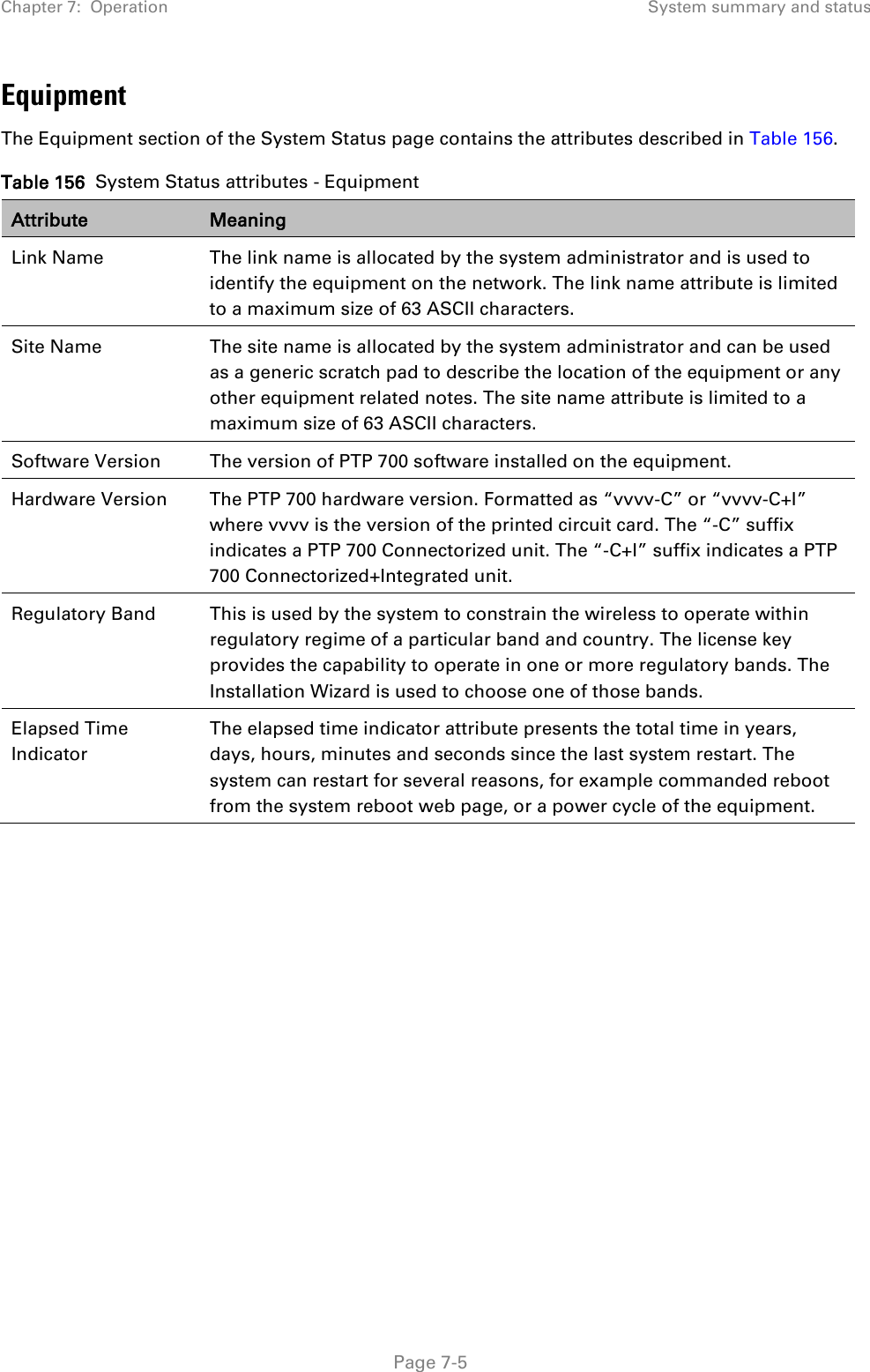 Chapter 7:  Operation System summary and status  Equipment The Equipment section of the System Status page contains the attributes described in Table 156. Table 156  System Status attributes - Equipment Attribute Meaning Link Name The link name is allocated by the system administrator and is used to identify the equipment on the network. The link name attribute is limited to a maximum size of 63 ASCII characters. Site Name The site name is allocated by the system administrator and can be used as a generic scratch pad to describe the location of the equipment or any other equipment related notes. The site name attribute is limited to a maximum size of 63 ASCII characters. Software Version The version of PTP 700 software installed on the equipment. Hardware Version The PTP 700 hardware version. Formatted as “vvvv-C” or “vvvv-C+I” where vvvv is the version of the printed circuit card. The “-C” suffix indicates a PTP 700 Connectorized unit. The “-C+I” suffix indicates a PTP 700 Connectorized+Integrated unit. Regulatory Band This is used by the system to constrain the wireless to operate within regulatory regime of a particular band and country. The license key provides the capability to operate in one or more regulatory bands. The Installation Wizard is used to choose one of those bands. Elapsed Time Indicator The elapsed time indicator attribute presents the total time in years, days, hours, minutes and seconds since the last system restart. The system can restart for several reasons, for example commanded reboot from the system reboot web page, or a power cycle of the equipment.      Page 7-5 