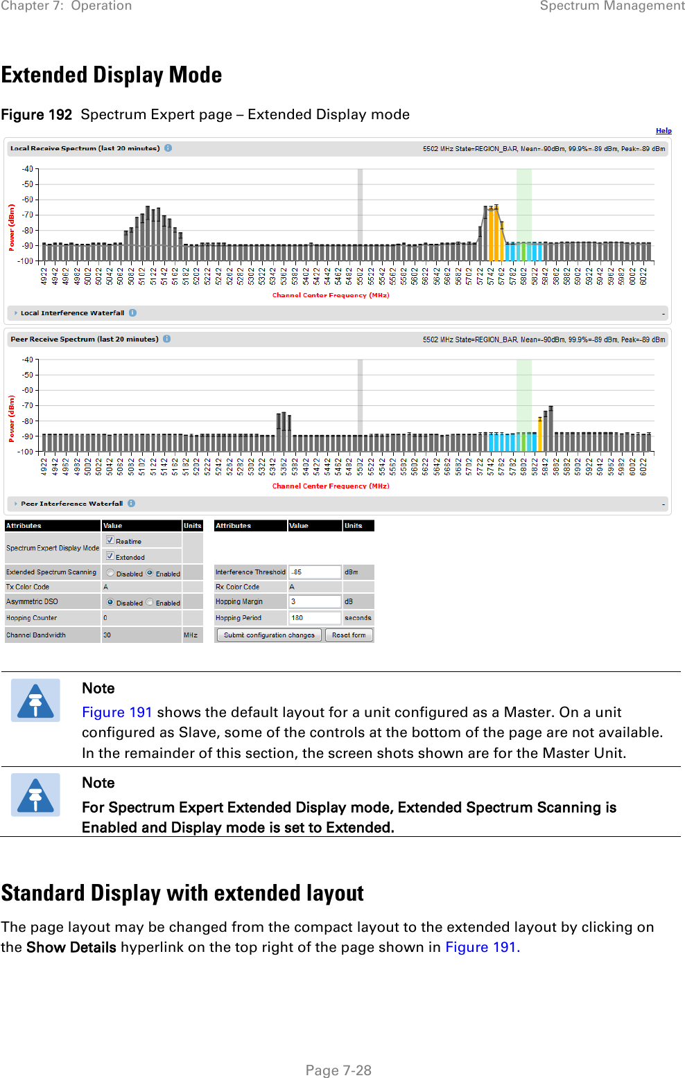 Chapter 7:  Operation Spectrum Management  Extended Display Mode Figure 192  Spectrum Expert page – Extended Display mode     Note Figure 191 shows the default layout for a unit configured as a Master. On a unit configured as Slave, some of the controls at the bottom of the page are not available. In the remainder of this section, the screen shots shown are for the Master Unit.  Note For Spectrum Expert Extended Display mode, Extended Spectrum Scanning is Enabled and Display mode is set to Extended.  Standard Display with extended layout The page layout may be changed from the compact layout to the extended layout by clicking on the Show Details hyperlink on the top right of the page shown in Figure 191.   Page 7-28 