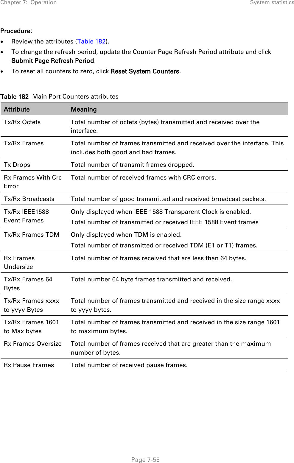 Chapter 7:  Operation System statistics  Procedure: • Review the attributes (Table 182). • To change the refresh period, update the Counter Page Refresh Period attribute and click Submit Page Refresh Period. • To reset all counters to zero, click Reset System Counters.  Table 182  Main Port Counters attributes Attribute Meaning Tx/Rx Octets Total number of octets (bytes) transmitted and received over the interface. Tx/Rx Frames  Total number of frames transmitted and received over the interface. This includes both good and bad frames. Tx Drops Total number of transmit frames dropped. Rx Frames With Crc Error Total number of received frames with CRC errors. Tx/Rx Broadcasts Total number of good transmitted and received broadcast packets. Tx/Rx IEEE1588 Event Frames Only displayed when IEEE 1588 Transparent Clock is enabled. Total number of transmitted or received IEEE 1588 Event frames Tx/Rx Frames TDM Only displayed when TDM is enabled. Total number of transmitted or received TDM (E1 or T1) frames. Rx Frames Undersize Total number of frames received that are less than 64 bytes. Tx/Rx Frames 64 Bytes Total number 64 byte frames transmitted and received. Tx/Rx Frames xxxx to yyyy Bytes Total number of frames transmitted and received in the size range xxxx to yyyy bytes. Tx/Rx Frames 1601 to Max bytes Total number of frames transmitted and received in the size range 1601 to maximum bytes. Rx Frames Oversize Total number of frames received that are greater than the maximum number of bytes. Rx Pause Frames Total number of received pause frames.   Page 7-55 