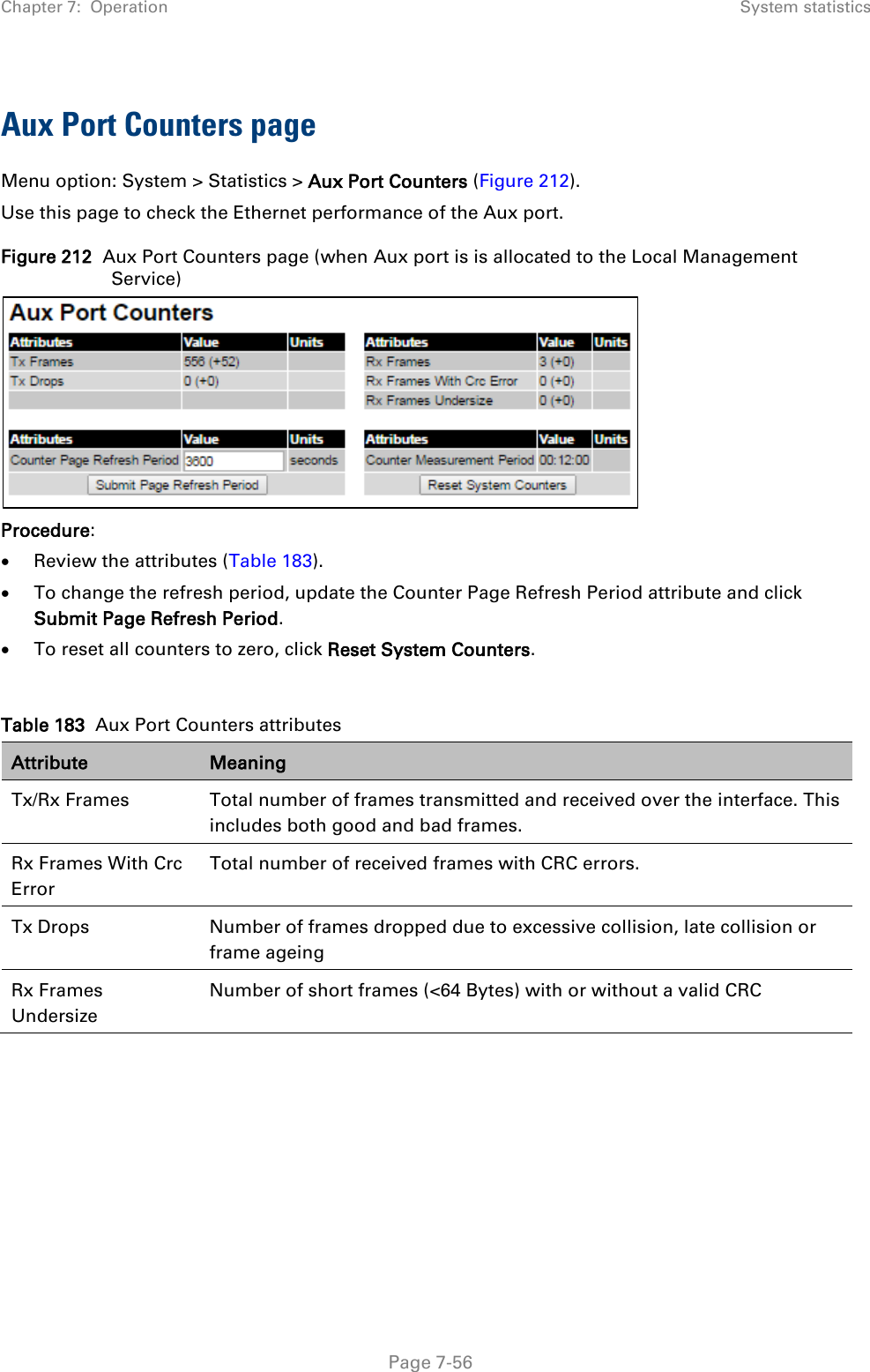 Chapter 7:  Operation System statistics  Aux Port Counters page Menu option: System &gt; Statistics &gt; Aux Port Counters (Figure 212). Use this page to check the Ethernet performance of the Aux port. Figure 212  Aux Port Counters page (when Aux port is is allocated to the Local Management Service)  Procedure: • Review the attributes (Table 183). • To change the refresh period, update the Counter Page Refresh Period attribute and click Submit Page Refresh Period. • To reset all counters to zero, click Reset System Counters.  Table 183  Aux Port Counters attributes Attribute Meaning Tx/Rx Frames  Total number of frames transmitted and received over the interface. This includes both good and bad frames. Rx Frames With Crc Error Total number of received frames with CRC errors. Tx Drops Number of frames dropped due to excessive collision, late collision or frame ageing Rx Frames Undersize Number of short frames (&lt;64 Bytes) with or without a valid CRC   Page 7-56 