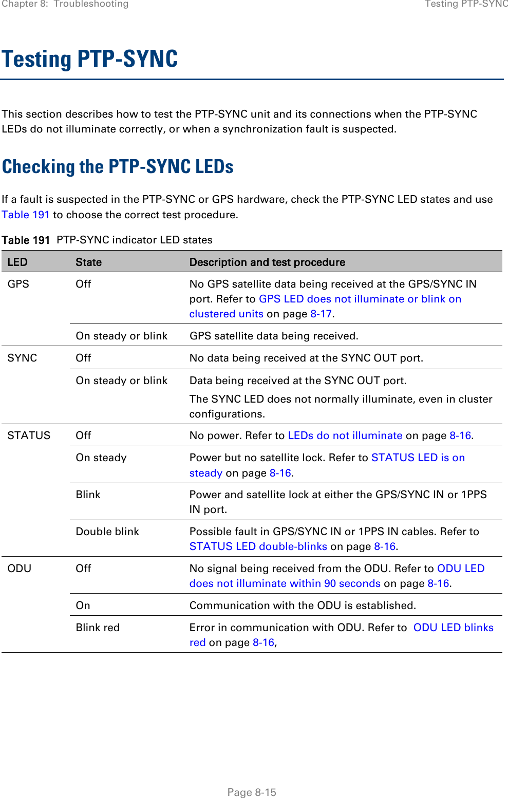 Chapter 8:  Troubleshooting Testing PTP-SYNC  Testing PTP-SYNC This section describes how to test the PTP-SYNC unit and its connections when the PTP-SYNC LEDs do not illuminate correctly, or when a synchronization fault is suspected. Checking the PTP-SYNC LEDs If a fault is suspected in the PTP-SYNC or GPS hardware, check the PTP-SYNC LED states and use Table 191 to choose the correct test procedure. Table 191  PTP-SYNC indicator LED states LED State Description and test procedure GPS Off No GPS satellite data being received at the GPS/SYNC IN port. Refer to GPS LED does not illuminate or blink on clustered units on page 8-17. On steady or blink GPS satellite data being received. SYNC Off No data being received at the SYNC OUT port. On steady or blink Data being received at the SYNC OUT port. The SYNC LED does not normally illuminate, even in cluster configurations. STATUS Off No power. Refer to LEDs do not illuminate on page 8-16. On steady Power but no satellite lock. Refer to STATUS LED is on steady on page 8-16. Blink Power and satellite lock at either the GPS/SYNC IN or 1PPS IN port. Double blink Possible fault in GPS/SYNC IN or 1PPS IN cables. Refer to STATUS LED double-blinks on page 8-16. ODU Off No signal being received from the ODU. Refer to ODU LED does not illuminate within 90 seconds on page 8-16. On Communication with the ODU is established. Blink red Error in communication with ODU. Refer to  ODU LED blinks red on page 8-16,   Page 8-15 