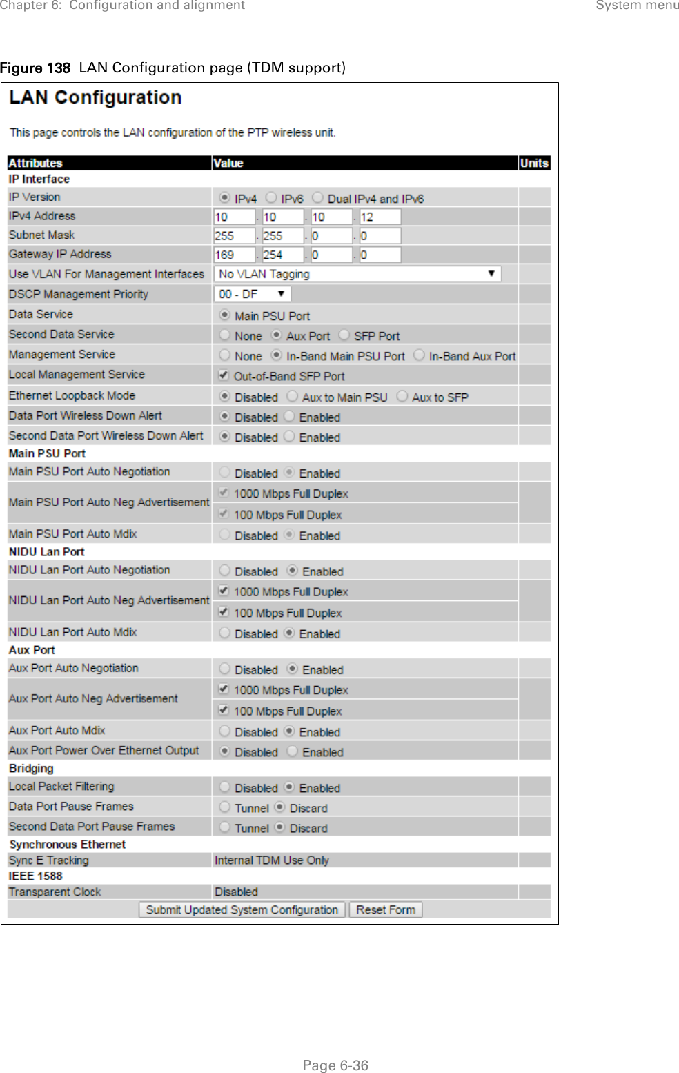 Chapter 6:  Configuration and alignment System menu  Figure 138  LAN Configuration page (TDM support)     Page 6-36 