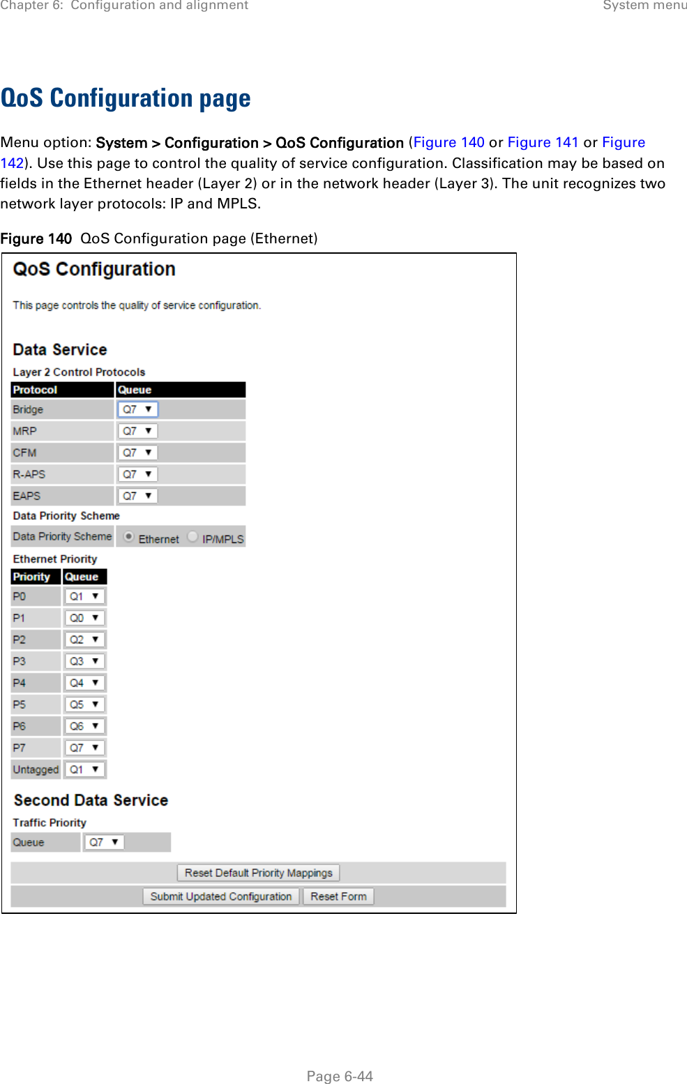 Chapter 6:  Configuration and alignment System menu  QoS Configuration page Menu option: System &gt; Configuration &gt; QoS Configuration (Figure 140 or Figure 141 or Figure 142). Use this page to control the quality of service configuration. Classification may be based on fields in the Ethernet header (Layer 2) or in the network header (Layer 3). The unit recognizes two network layer protocols: IP and MPLS.  Figure 140  QoS Configuration page (Ethernet)   Page 6-44 