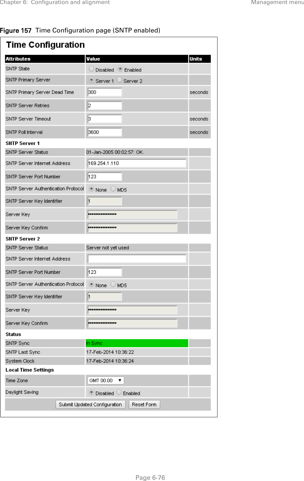 Chapter 6:  Configuration and alignment Management menu  Figure 157  Time Configuration page (SNTP enabled)       Page 6-76 