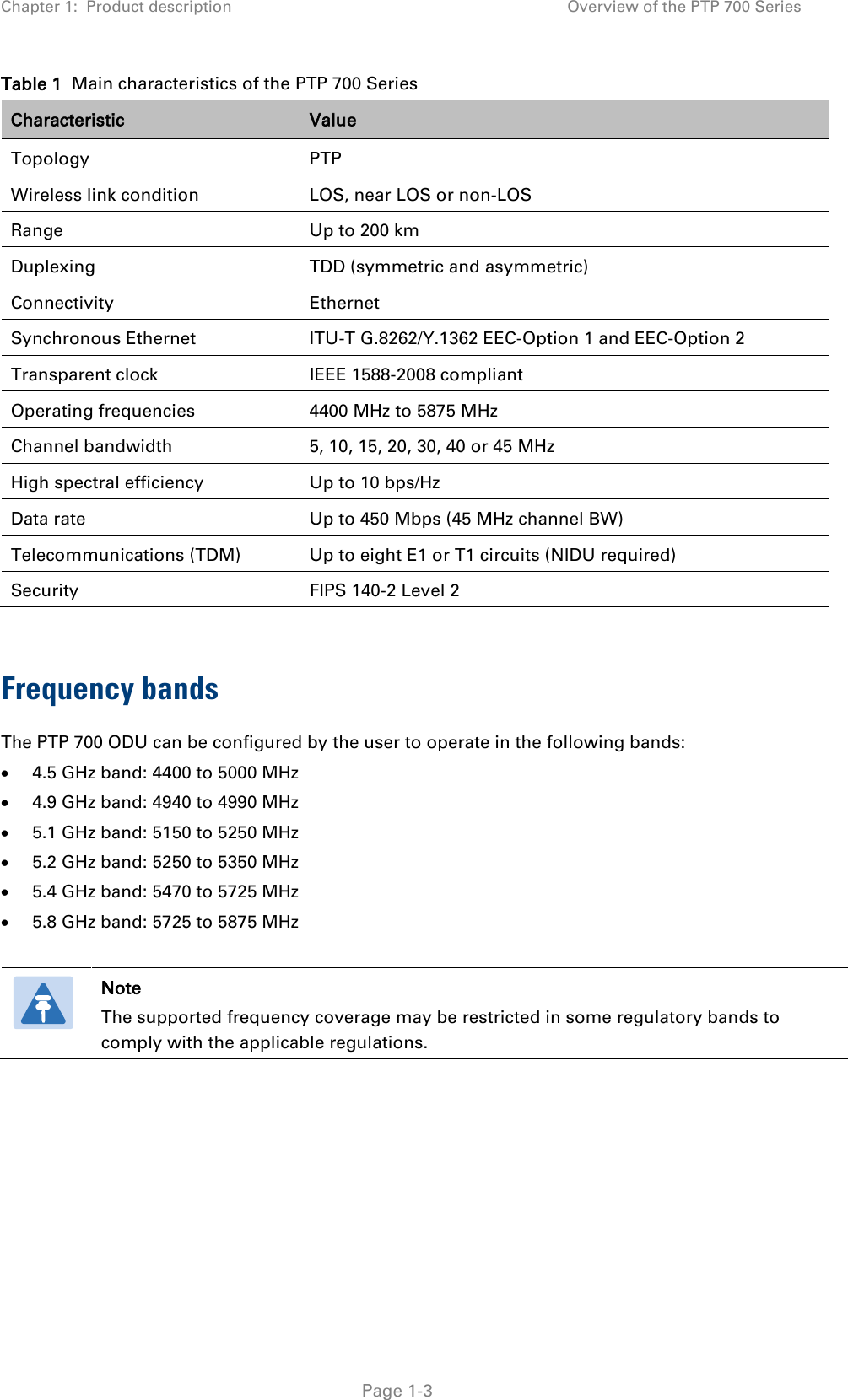 Chapter 1:  Product description Overview of the PTP 700 Series  Table 1  Main characteristics of the PTP 700 Series Characteristic Value Topology PTP Wireless link condition LOS, near LOS or non-LOS Range Up to 200 km Duplexing TDD (symmetric and asymmetric) Connectivity Ethernet Synchronous Ethernet ITU-T G.8262/Y.1362 EEC-Option 1 and EEC-Option 2 Transparent clock IEEE 1588-2008 compliant Operating frequencies 4400 MHz to 5875 MHz Channel bandwidth 5, 10, 15, 20, 30, 40 or 45 MHz High spectral efficiency Up to 10 bps/Hz Data rate Up to 450 Mbps (45 MHz channel BW) Telecommunications (TDM) Up to eight E1 or T1 circuits (NIDU required) Security FIPS 140-2 Level 2  Frequency bands The PTP 700 ODU can be configured by the user to operate in the following bands: • 4.5 GHz band: 4400 to 5000 MHz • 4.9 GHz band: 4940 to 4990 MHz • 5.1 GHz band: 5150 to 5250 MHz • 5.2 GHz band: 5250 to 5350 MHz • 5.4 GHz band: 5470 to 5725 MHz • 5.8 GHz band: 5725 to 5875 MHz   Note The supported frequency coverage may be restricted in some regulatory bands to comply with the applicable regulations.   Page 1-3 