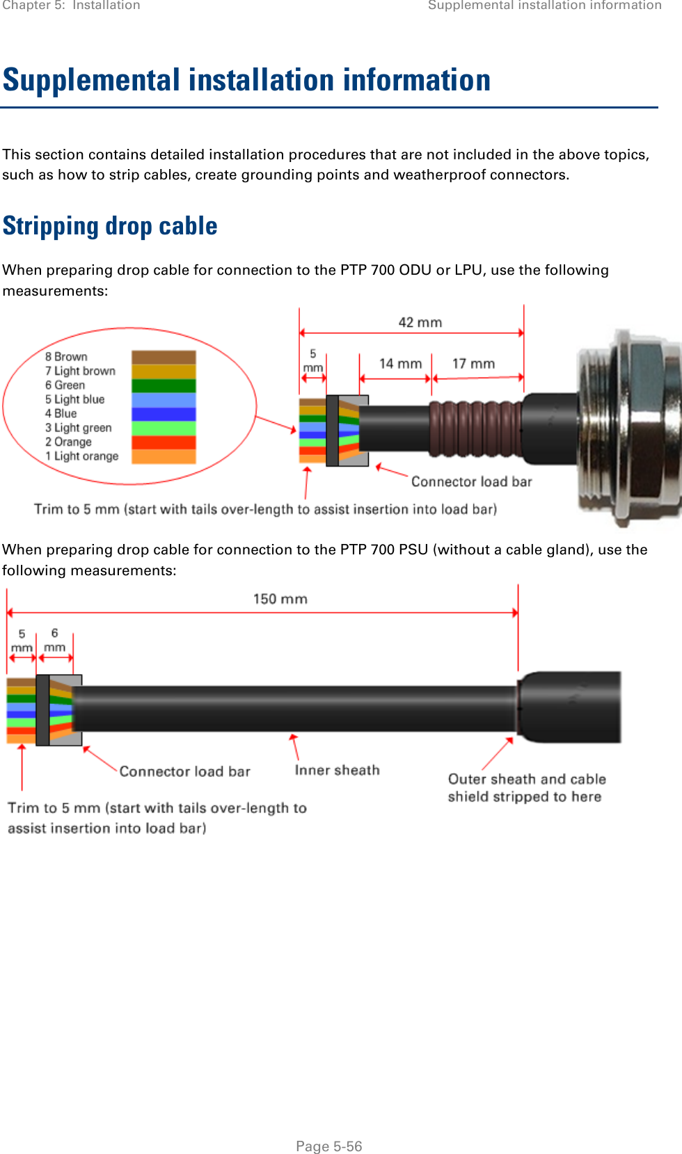 Chapter 5:  Installation Supplemental installation information  Supplemental installation information This section contains detailed installation procedures that are not included in the above topics, such as how to strip cables, create grounding points and weatherproof connectors. Stripping drop cable When preparing drop cable for connection to the PTP 700 ODU or LPU, use the following measurements:  When preparing drop cable for connection to the PTP 700 PSU (without a cable gland), use the following measurements:   Page 5-56 