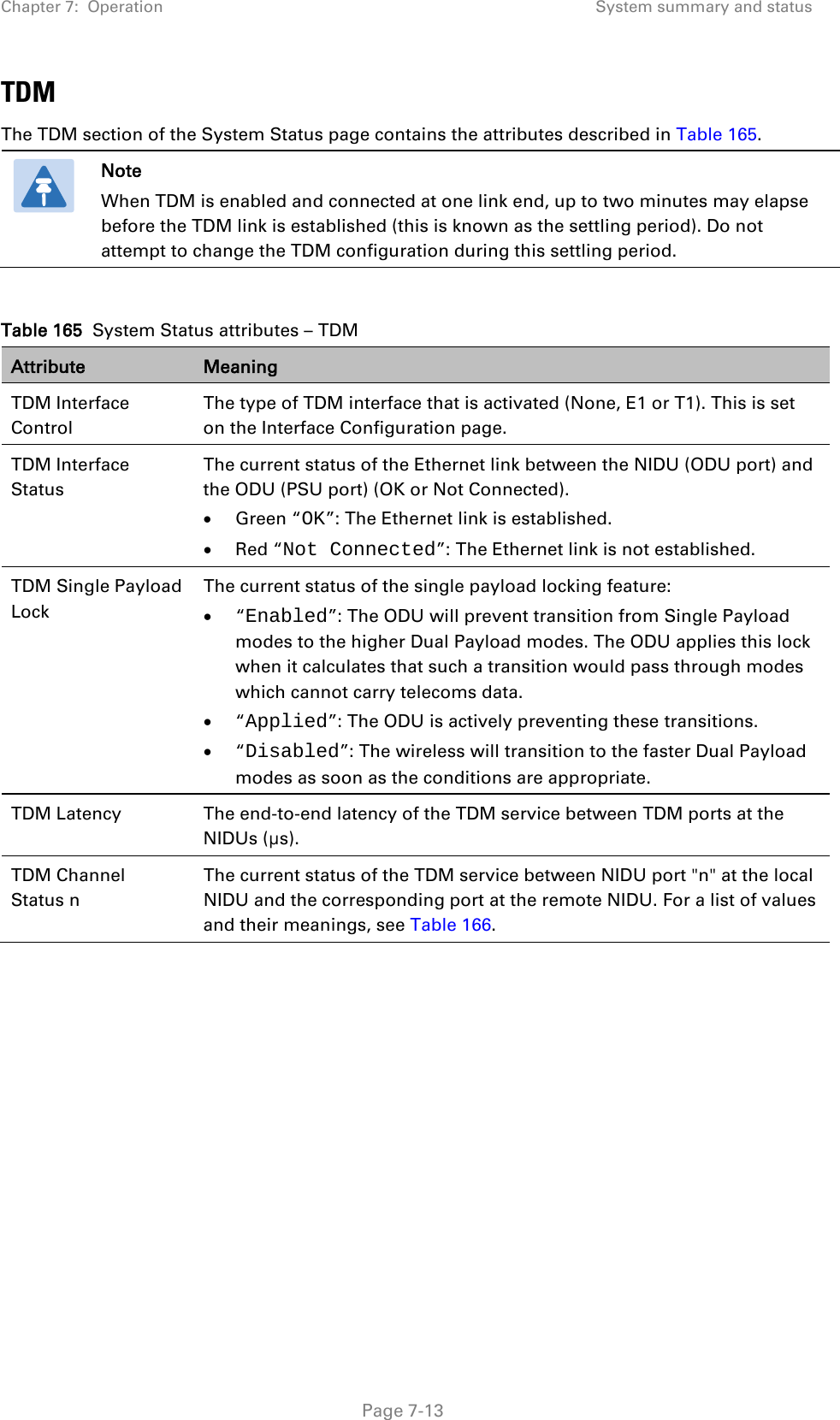 Chapter 7:  Operation System summary and status  TDM The TDM section of the System Status page contains the attributes described in Table 165.  Note When TDM is enabled and connected at one link end, up to two minutes may elapse before the TDM link is established (this is known as the settling period). Do not attempt to change the TDM configuration during this settling period.  Table 165  System Status attributes – TDM Attribute Meaning TDM Interface Control The type of TDM interface that is activated (None, E1 or T1). This is set on the Interface Configuration page. TDM Interface Status The current status of the Ethernet link between the NIDU (ODU port) and the ODU (PSU port) (OK or Not Connected).  • Green “OK”: The Ethernet link is established. • Red “Not Connected”: The Ethernet link is not established. TDM Single Payload Lock The current status of the single payload locking feature: • “Enabled”: The ODU will prevent transition from Single Payload modes to the higher Dual Payload modes. The ODU applies this lock when it calculates that such a transition would pass through modes which cannot carry telecoms data. • “Applied”: The ODU is actively preventing these transitions. • “Disabled”: The wireless will transition to the faster Dual Payload modes as soon as the conditions are appropriate. TDM Latency The end-to-end latency of the TDM service between TDM ports at the  NIDUs (µs). TDM Channel Status n The current status of the TDM service between NIDU port &quot;n&quot; at the local NIDU and the corresponding port at the remote NIDU. For a list of values and their meanings, see Table 166.       Page 7-13 