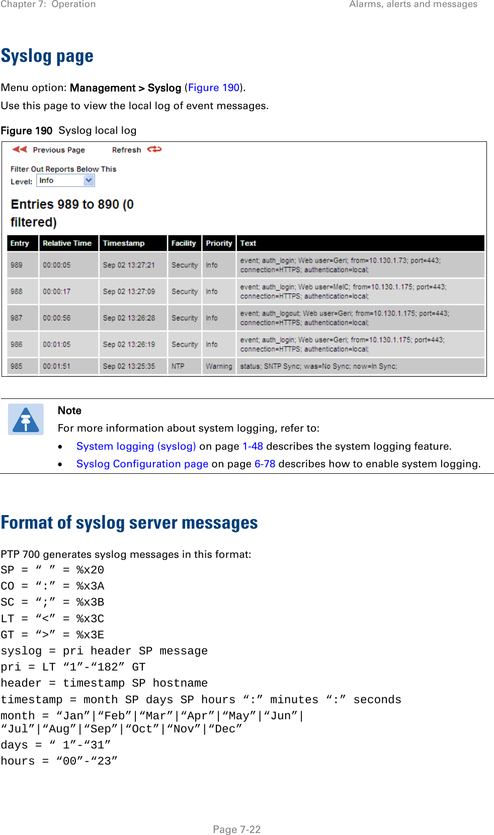 Chapter 7:  Operation Alarms, alerts and messages  Syslog page Menu option: Management &gt; Syslog (Figure 190). Use this page to view the local log of event messages. Figure 190  Syslog local log    Note For more information about system logging, refer to: • System logging (syslog) on page 1-48 describes the system logging feature. • Syslog Configuration page on page 6-78 describes how to enable system logging.  Format of syslog server messages PTP 700 generates syslog messages in this format: SP = “ ” = %x20 CO = “:” = %x3A SC = “;” = %x3B LT = “&lt;” = %x3C GT = “&gt;” = %x3E syslog = pri header SP message pri = LT “1”-“182” GT header = timestamp SP hostname timestamp = month SP days SP hours “:” minutes “:” seconds month = “Jan”|“Feb”|“Mar”|“Apr”|“May”|“Jun”| “Jul”|“Aug”|“Sep”|“Oct”|“Nov”|“Dec” days = “ 1”-“31” hours = “00”-“23”  Page 7-22 