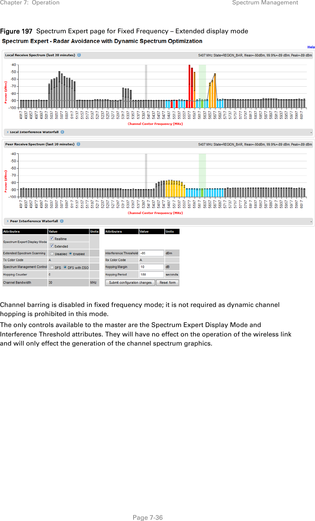 Chapter 7:  Operation Spectrum Management  Figure 197  Spectrum Expert page for Fixed Frequency – Extended display mode   Channel barring is disabled in fixed frequency mode; it is not required as dynamic channel hopping is prohibited in this mode. The only controls available to the master are the Spectrum Expert Display Mode and Interference Threshold attributes. They will have no effect on the operation of the wireless link and will only effect the generation of the channel spectrum graphics.     Page 7-36 