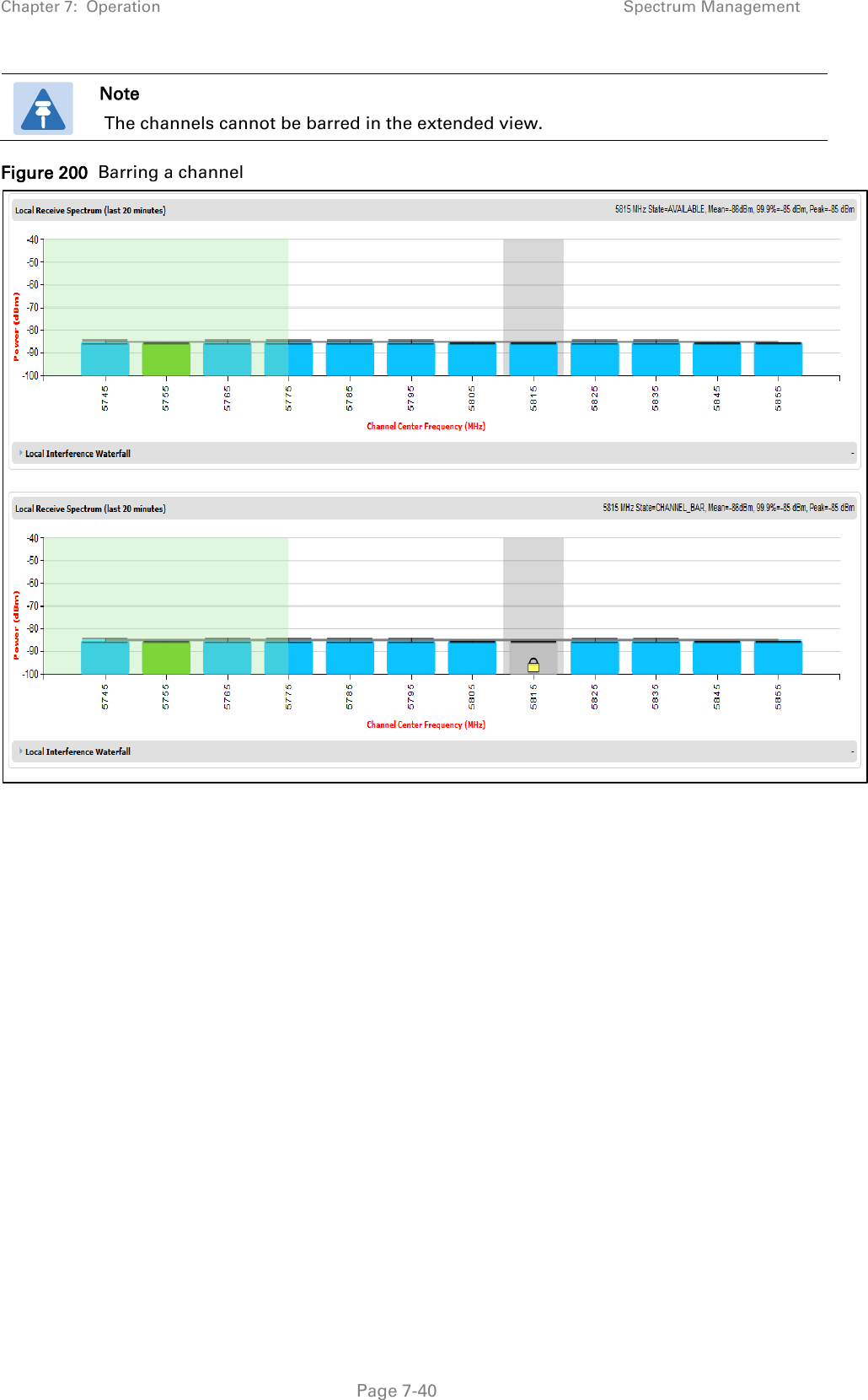 Chapter 7:  Operation Spectrum Management   Note  The channels cannot be barred in the extended view. Figure 200  Barring a channel   Page 7-40 
